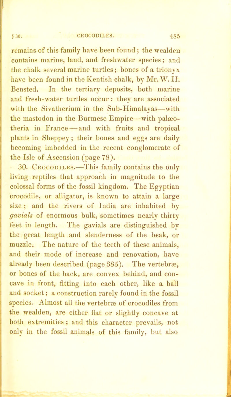 remains of this family have been found ; the wealden contains marine, land, and freshwater species; and the chalk several marine turtles; bones of a trionyx have been found in the Kentish chalk, by Mr. W. H. Bensted. In the tertiary deposits, both marine and fresh-water turtles occur: they are associated with the Sivatherium in the Sub-Himalayas—with the mastodon in the Burmese Empire—with palaeo- theria in France — and with fruits and tropical plants in Sheppey; their bones and eggs are daily becoming imbedded in the recent conglomerate of the Isle of Ascension (page 78). 30. Crocodiles.—This family contains the only I living reptiles that approach in magnitude to the colossal forms of the fossil kingdom. The Egyptian crocodile, or alligator, is known to attain a large size ; and the rivers of India are inhabited by gavials of enormous bulk, sometimes nearly thirty feet in length. The gavials are distinguished by the great length and slenderness of the beak, or muzzle. The nature of the teeth of these animals, and their mode of increase and renovation, have already been described (page 385). The vertebne, or bones of the back, are convex behind, and con- cave in front, fitting into each other, like a ball and socket; a construction rarely found in the fossil species. Almost all the vertebra of crocodiles from the wealden, are either flat or slightly concave at both extremities ; and this character prevails, not only in the fossil animals of this family, but also