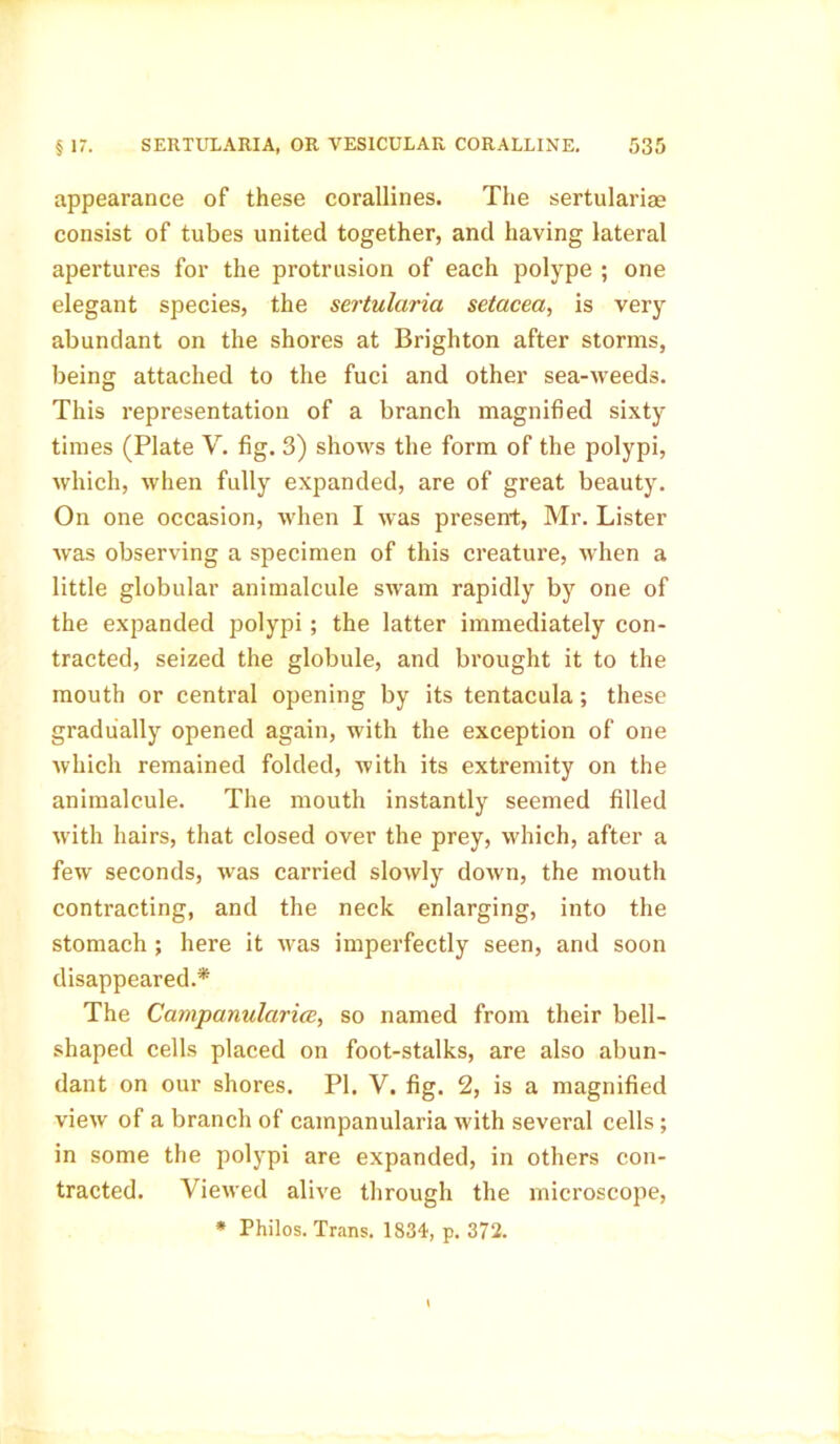 appearance of these corallines. The sertularim consist of tubes united together, and having lateral apertures for the protrusion of each polype ; one elegant species, the sertularia setacea, is very abundant on the shores at Brighton after storms, being attached to the fuci and other sea-weeds. This representation of a branch magnified sixty times (Plate V. fig. 3) shows the form of the polypi, which, when fully expanded, are of great beauty. On one occasion, when I was present:, Mr. Lister was observing a specimen of this creature, when a little globular animalcule swam rapidly by one of the expanded polypi; the latter immediately con- tracted, seized the globule, and brought it to the mouth or central opening by its tentacula; these gradually opened again, with the exception of one which remained folded, with its extremity on the animalcule. The mouth instantly seemed filled with hairs, that closed over the prey, which, after a few seconds, was carried slowly down, the mouth contracting, and the neck enlarging, into the stomach ; here it was imperfectly seen, and soon disappeared.* The Campanularice, so named from their bell- shaped cells placed on foot-stalks, are also abun- dant on our shores. PI. V. fig. 2, is a magnified view of a branch of campanularia with several cells; in some the polypi are expanded, in others con- tracted. Viewed alive through the microscope, * Philos. Trans. 1834, p. 372.