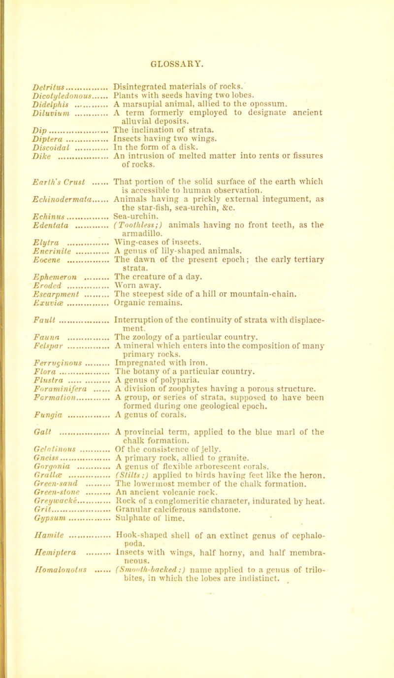 Delritus Disintegrated materials of rocks. Dicotyledonous Plants with seeds having two lobes. Didelphis A marsupial animal, allied to the opossum. Diluvium A term formerly employed to designate ancient alluvial deposits. Dip The inclination of strata. Diptera Insects having two wings. Discoidal In the form of a disk. Dike An intrusion of melted matter into rents or fissures of rocks. Enrlh's Crust That portion of the solid surface of the earth which is accessible to human observation. Echinodermata Animals having a prickly external integument, as the star-fish, sea-urchin, &c. Echinus Sea-urchin. Edentata (Toothless;) animals having no front teeth, as the armadillo. Elytra Wing-cases of insects. Encrinile A genus of lily-shaped animals. Eocene The dawn of the present epoch; the early tertiary strata. Ephemeron The creature of a day. Eroded Worn away. Escarpment The steepest side of a hill or mountain-chain. Exuvite Organic remains. Fault Interruption of the continuity of strata with displace- ment. Fauna The zoology of a particular country. Felspar A mineral which enters into the composition of many primary rocks. Ferruginous Impregnated with iron. Flora The botany of a particular country. Flustra A genus of polyparia. Foraminifcra A division of zoophytes having a porous structure. Formation A group, or series of strata, supposed to have been formed during one geological epoch. Funyia A genus of corals. Galt A provincial term, applied to the blue marl of the chalk formation. Gelatinous Of the consistence of jelly. Gneiss A primary rock, allied to granite. Gnrynnia A genus of flexible arborescent corals. Grullte (Stilts;) applied to birds having feet like the heron. Green sand The lowermost member of the chalk formation. Greenstone An ancient volcanic rock. Greywacke Rock of a conglomeritic character, indurated by heat. Grit Granular calciferous sandstone. Gypsum Sulphate of lime. Hamite Hook-shaped shell of an extinct genus of cephalo- poda. Hemiptera Insects with wings, half horny, and half membra- neous. hlomulonolus (Smooth-hacked:) name applied to a genus of trilo- bites, in which the lobes are indistinct.