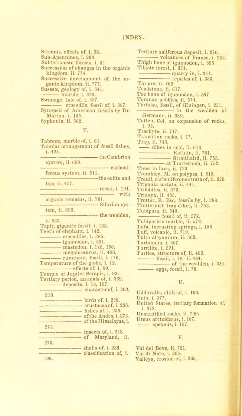 Streams, effects of, i. 38. Sub-Apennines, i. 208. Subterranean forests, i. 51. Succession of changes in the organic kingdom, ii. 771. Successive development of the or- ganic kingdom, ii. 777. Sussex, geology of, i. 341. marble, i. 379. Swanage, Isle of. i. 387. crocodile, fossil of, i. 387. Synopsis of American fossils by Dr. Morton, i. 155. Syphonia, ii. 562. T. Tabreez, marble of, i. 61. Tabular arrangement of fossil fishes, i. 425. theCambrian system, ii. 699. carboni- ferous system, ii. 511. the oolite and lias, ii. 437. —— rocks, i. 194. with organic remains, ii. 781. Silurian sys- tem, ii. 696. the wealden, ii. 533. Tapir, gigantic fossil, i. 163. Teeth of elephant, i. 142. crocodiles, i. 385. iguanodon, i. 391. mastodon, i. 146, 150. megalosaurus, ii. 496. ruminant, fossil, i. 176. Temperature of the globe, i. 12. effects of, i. 89. Temple of Jupiter Serapis, i. 93. Tertiary period, animals of, i. 239. deposits, i. 18, 197. character of, i. 202, 210. birds of, i. 238. — Crustacea of, i. 230. fishes of, i. 236. ofthe Andes, i. 273. of the Himalayas, i. 273. insects of, i. 248. of Maryland, ii. 273. ■ — shells of, i. 230. classification of, i. Tertiary saliferous deposit, i. 276. •—; volcanoes of France, i. 253. Thigh bone of iguanodon, i. 395. Tilgate forest, i. 351. quarry in, i. 351. reptiles of, i. 383. Tin ore, ii. 762. Toadstone, ii. 617. Toe bone of iguanodon, i. 397. Torquay pebbles, ii. 574. Tortoise, fossil, of CEningen, i 251. in the wealden of Germany, ii. 689. Totten, Col. on expansion of rocks, i. 93. Trachyte, ii. 717. Transition rocks, i. 17. Trap, ii. 743. dikes in coal, ii. 618. Rathlin, ii. 751. Straithaird, ii. 753. at Trotternisl), ii. 752. Trees in lava, ii. 720. Trembley, M. on polypes, i. 519. Treuil, carboniferous strata of, ii. 629. Trigonia costata, ii. 441. Trilobites, ii. 673. Trionyx, ii. 483. Trotter, R. Esq. fossils by, i. 388. Trotternish trap dikes, ii. 753. Tubipora, ii. 540. fossil of, ii. 572. Tubiporitic marble, ii. 572. Tufa, incrusting springs, i. 158. Tuff, volcanic, ii. 719. Tulip alcyonium, ii. 562. Turbinolia, i. 307. Turrilite, i. 321. Turtles, structure of, ii. 483. fossil, i. 78, ii. 484. of the wealden, i. 384. eggs, fossil, i. 78. U. Uddevalla, cliffs of, i. 106. Unio, i. 377. United States, tertiary formation of, i. 272. Unstratified rocks, ii. 709. Ursus arctoidaeus, i. 167. spelteus, i. 167. V. Val del Bove, ii. 721. Val di Noto, i. 205.
