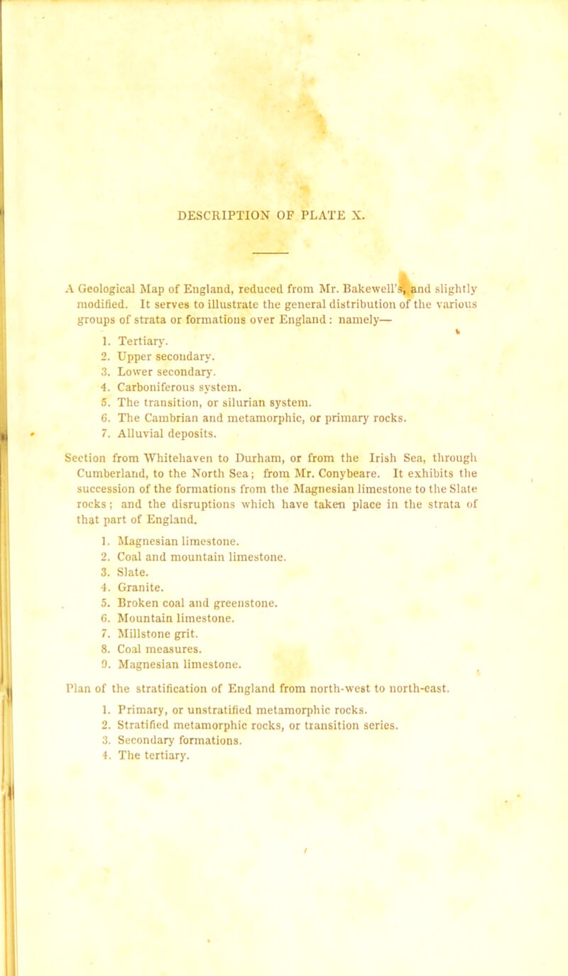 A Geological Map of England, reduced from Mr. Bakewell'IJand slightly modified. It serves to illustrate the general distribution of the various groups of strata or formations over England: namely— v 1. Tertiary. 2. Upper secondary. 3. Lower secondary'. 4. Carboniferous system. 5. The transition, or Silurian system. 6. The Cambrian and metamorphic, or primary rocks. 7. Alluvial deposits. Section from Whitehaven to Durham, or from the Irish Sea, through Cumberland, to the North Sea; from Mr. Conybeare. It exhibits the succession of the formations from the Magnesian limestone to the Slate rocks; and the disruptions which have taken place in the strata of that part of England. 1. Magnesian limestone. 2. Coal and mountain limestone. 3. Slate. 4. Granite. 5. Broken coal and greenstone. 6. Mountain limestone. 7. Millstone grit. 8. Coal measures. 9. Magnesian limestone. Plan of the stratification of England from north-west to north-east. 1. Primary, or unstratified metamorphic rocks. 2. Stratified metamorphic rocks, or transition series. 3. Secondary formations. 4. The tertiary.