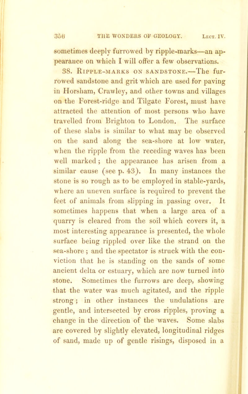 sometimes deeply furrowed by ripple-marks—an ap- pearance on which I will offer a few observations. 38. Ripple-marks on sandstone.—The fur- rowed sandstone and grit which are used for paving in Horsham, Crawley, and other towns and villages on the Forest-ridge and Tilgate Forest, must have attracted the attention of most persons who have travelled from Brighton to London. The surface of these slabs is similar to what may be observed on the sand along the sea-shore at low water, when the ripple from the receding Avaves has been well marked; the appearance has arisen from a similar cause (see p. 43). In many instances the stone is so rough as to be employed in stable-yards, Avhere an uneven surface is required to prevent the feet of animals from slipping in 23assing over. It sometimes happens that when a large area of a quarry is cleared from the soil which covers it, a most interesting appearance is presented, the whole surface being rippled over like the strand on the sea-shore ; and the spectator is struck with the con- viction that he is standing on the sands of some ancient delta or estuary, which are noAv turned into stone. Sometimes the furrows are deep, showing that the rvater was much agitated, and the ripple strong; in other instances the undulations are gentle, and intersected by cross ripples, proving a change in the direction of the waves. Some slabs are covered by slightly elevated, longitudinal ridges of sand, made up of gentle risings, disposed in a