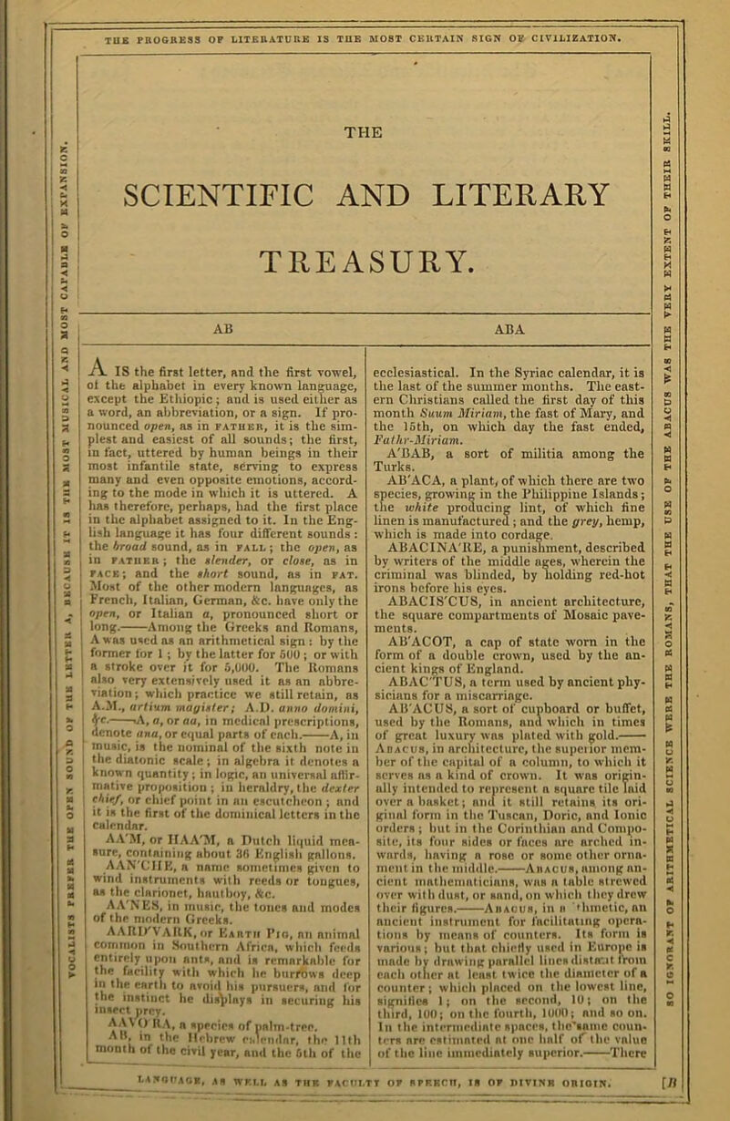 TOC^LISTS rBBrBR TUB OTBX 90V:ID Or TUB LBTTBK X, BBCAUSK IT 18 TUB MOST MUBICIL BSD MOST CATAULB OF EXPANSIOK. TUB PBOGBESS OP LITEBATUBK IS TUB MOST CEUTAIN SIGN OP CIVlliI2ATIOW. I THE SCIENTIFIC AND LITERARY TREASURY. AB ABA IS the first letter, and the first vowel, ol the alphabet in every known language, except the Etiiiopic ; and is used either as a word, an abbreviation, or a sign. If pro- nounced opettf as in father, it is the sim- plest and easiest of all sounds; the first, in fact, uttered by human beings in their most infantile state, serving to express many and even opposite emotions, accord- ing to the mode in w*hich it is uttered. A , has therefore, perhaps, had the first place I in the alphabet assigned to it. In the Eng- lish language it has four dificrent sounds : I the broad sound, os in fall ; the open, as j in PATiiRR; the tlender, or close, as in PACF.; and the short sound, as in fat. Most of the other modern languages, as I French, Italian, German, &c. have only the I open, or Italian a, pronounced short or I long. Among the Greeks and Romans, A was used os an arithmetical sign: by the , former lor 1 ; by the latter for 600; or with a stroke over it for 6,000. The Romans also very extensively used it as an abbre- viation; which practice we still retain, as A.M., artium mayister; A.l). anno domini, I 'A, a, oraa, in medical prescriptions, 1 denote ana, or equal parts of each. A, in ' music, is the nominal of the sixth note in 1 the diatonic scale; in algebra it denotes a known quantity; in logic, an universal affir- mative proposition; in heraldry,the dexter ; ^hief, or chief point in an escutcheon ; and it is the first of the dominical letters in the calendar. AA'M, or IIAA'M, a Dutch liquid mea- sure, containing about 36 English gallons. AAN'CIIK, a name sometimes given to wind instruments with reeds or tongues, as the clarionet, hautboy, Ac. AA'NES, in tnusie, the tones and modes of the modern Greeks. AARirVAUK.or Kartii Pio, nil animal I cominon in Southern Africa, which feeds entirely upon ants, and is remarkable for the facility with which lie bnrfbws deep in the earth to avoid his pursuers, and for the instinct he dis^ilnys in securing his insert prey. ^ 1^-L ft species of palm-tree. Ai>, in the Ilrbrew ri.lenilnr, the 11th month of the civil year, ami the 6lh of the ecclesiastical. In the Syriac calendar, it is the last of the summer months. The east- ern Christians called the first day of this month Suum Miriam, the fast of Mary, and the 15th, on which day the fast ended« A'BAB, a sort of militia among the Turks. AB'ACA, a plant/of which there are two species, grow'ing in the Philippine Islands; the white producing lint, of which fine linen is manufactured; and the grey, hemp, which is made into cordage. ABACINA'RE, a punishment, described by writers of the middle ages, w’hcrcin the criminal was blinded, by holding red-hot irons before his eyes. ABACTSXU8, in ancient architecture, the square compartments of Mosaic pave- ments. AB'ACOT, a cap of state worn in the form of a double crown, used by the an- cient kings of England. ABAC'TUS, a term used by ancient phy- sicians for a miscarriage. AB'ACUS, n sort of cupboard or buffet, used by the Romans, and which in times of great luxury was plated witli gold.—- Adacub, in architecture, the supciior mem- ber of the capital of a column, to which it serves ns a kind of crown. It was origin- ally intended to renresent a square tile laid over a basket; niul it still retains its ori- ginal form in the Tuscan, Doric, and Ionic orders ; but in the Corinthian and Compo- site, its four sides or faces arc arched in- wards, having n rose or some other orna- ment in the middle.^—Aiiacus, among an- cient iimtlicninticiniis, was a table strew'cd over with dust, or sancl, on which they drew their figures. Aiiacus, in ii •hineiic, an ancient instrument for facilitating opera- tions by means of counters. Us form is various; but that cliieHy used in Europe is made by drawing parallel linesdistfr.it from each other at least twice the diameter of a counter; which placed on the lowest line, signifies 1; on the second, 1U; on the third, lUO; on the fourth, and so on. In the intennedifttc spaces, tho’tRinc coun- ters are estimated at one half oC (he value of the line iinincdinicly superior. There iMxnrAoi, s% wF.i.i, as thr facoi.tt of sFP.Kcn, is or divinr obioin. [n so IGBORAST OF ARITBMETICAI. SCIENCE WERE THE HOMANS, THAT THE USE OF THE ABACUS WAS THE VEET EXTENT OF THEIE SKILL.