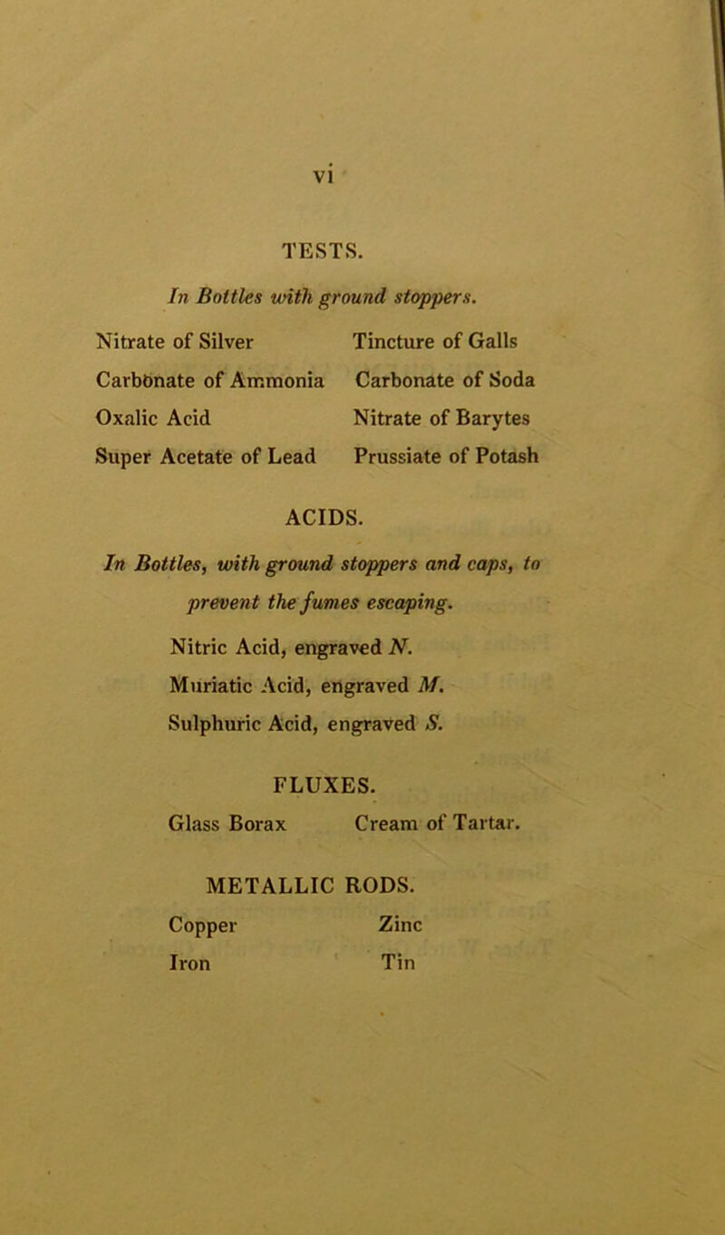 TESTS. In Bottles with ground stoppers. Nitrate of Silver Tincture of Galls Carbonate of Ammonia Carbonate of Soda Oxalic Acid Nitrate of Barytes Super Acetate of Lead Prussiate of Potash ACIDS. In Bottles, with ground stoppers and caps, to prevent the fumes escaping. Nitric Acid, engraved N. Muriatic Acid, engraved M. Sulphuric Acid, engraved S. FLUXES. Glass Borax Cream of Tartar. METALLIC RODS. Copper Zinc Iron Tin