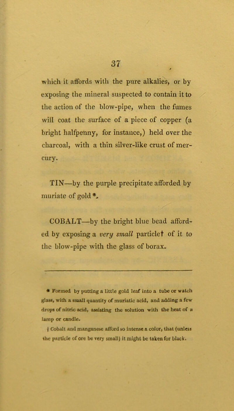 which it affords with the pure alkalies, or by exposing the mineral suspected to contain it to the action of the blow-pipe, when the fumes will coat the surface of a piece of copper (a bright halfpenny, for instance,) held over the charcoal, with a thin silver-like crust of mer- cury. TIN—by the purple precipitate afforded by muriate of gold*. COBALT—by the bright blue bead afford- ed by exposing a very small particle t of it to the blow-pipe with the glass of borax. * Formed by putting a little gold leaf into a tube or watcli glaM> with a snudl quantity of muriatic addt and adding a few drops of nitric acid, assisting the solution with the heat of a lamp or candle. f Cobalt and manganese aflbrd so intense a coJor» that (unless the particle of ore be very small) it might be taken for black.