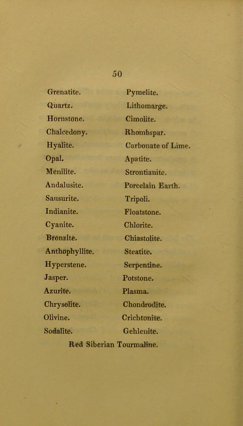 Grenatite. Pymelite. Quartz. Lithomarge. Hornstone. Cimolite. Chalcedony. Rhombspar. Hyalite. Carbonate of Lime. Opal. Apatite. Menilite. Strontianite. Andalusite. Porcelain Earth. Saiisurite. Tripoli. Indianite. Floatstone. Cyanite. Chlorite. Bronzite. Chiastolite. Anthophyllite. Steatite. Hyperstene. Serpentine. Jasper. Potstone. Azurite. Plasma. Chrysolite. Chondrodite. Olivine. Crichtonite. Sodalite. Gehlenite. Red Siberian Tourmaline.