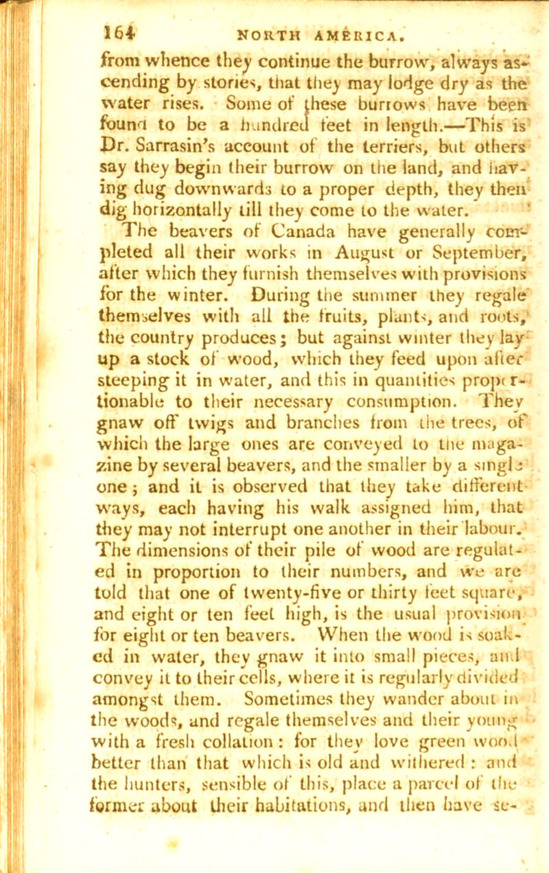 from whence they continue the burrow, always as* cending by stories, that they may lodge dry as the water rises. Some of these burrows have been found to be a hundred feet in length.—This is Dr. Sarrasin’s account of the terriers, but others say they begin their burrow on the land, and hav- ing dug downwards to a proper depth, they then dig horizontally till they come to the water. The beavers of Canada have generally com- pleted all their works in August or September, alter which they furnish themselves with provisions for the winter. During the summer they regale themselves with all the fruits, plants, and roots, the country produces; but against winter they lay up a stock of wood, which they feed upon after steeping it in w-ater, and this in quantities prop< r- tionable to their necessary consumption. They gnaw off twigs and brandies horn the trees, of which the large ones are conveyed to the maga- zine by several beavers, and the smaller by a single one; and it is observed that they take different ways, each having his walk assigned him, that they may not interrupt one another in their labour. The dimensions of their pile of wood are regulat- ed in proportion to their numbers, and we are told that one of twenty-five or thirty feet square, and eight or ten feet high, is the usual provision for eight or ten beavers. When the wood is soak- ed in water, they gnaw it into small pieces, and convey it to their cells, wdiere it is regularly divided amongst them. Sometimes they wander about in the woods, and regale themselves' and their young with a fresh collation: for they love green wood better than that which is old and withered : and the hunters, sensible of this, place a parcel of tile former about llieir habitations, and then have sc-