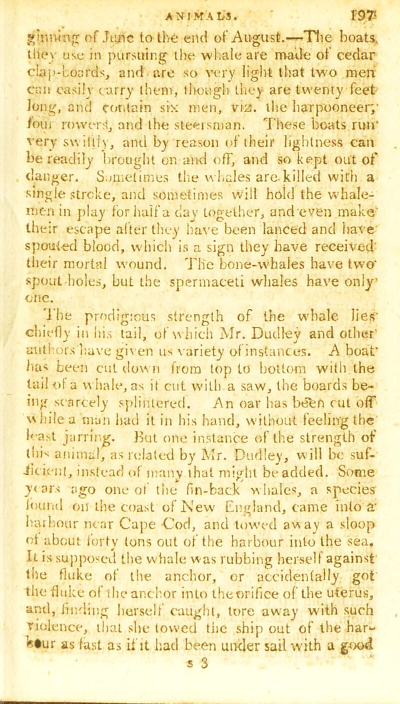 ginning of June to the end of August.—Tlie boats, tliev use in pursuing tbe whale are made of cedar clap-hoards, and are so very light that two men can easily carry them, though they are twenty feet long, and contain six men, via. the harpooneery four rower:!, and the steersman. These boats run' very swiftly, and by reason of their lightness can be readily brought on and ofF, and so kept out of danger. Sometimes the whales are.killed with a single stroke, and sometimes will hohl the whale- men in play forhaifa day together, and even make their escape after they have been lanced and have spouted blood, which is a sign they have received their mortal wound. The bone-whales have two spout holes, but the spermaceti whales have only one. The prodigious strength of the whale lies' chiefly in his tail, of which Mr. Dudley and other’ authors have given us variety ofinstances. A boat' has been cut down from top to bottom with the tail of a whale, as it cut with a saw, the boards be- ing scarcely splintered. An oar has btTefi cut off while a man had it in his hand, without feeling the least jarring. But one instance of the strength of this animal, as related by Mr. Dudley, will be suf- ficient, instead of many that might be added. Some years ago one of the fin-back whales, a species found on the coast of New England, came into a' harbour near Cape Cod, and towed away a sloop ot about forty tons out of the harbour into the sea. It is supposed the whale w as rubbing herself against the fluke of tlie anchor, or accidentally got the fluke of ihc anchor into the orifice of the uterus, and, finding herself caught, tore away with such violence, that she lowed the ship out of the har*- k#ur as fast as if it had been under sail with a good