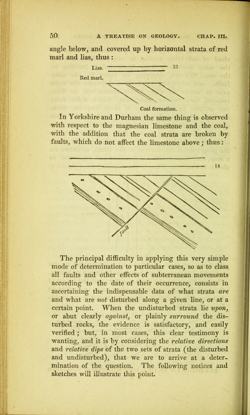 angle below^ and covered up by horizontal strata of red ! marl and lias^ thus: . ) Lias. ■ ^ Red marl. | Coal formation. In Yorkshire and Durham the same thing is observed with respect to the magnesian limestone and the coah with the addition that the coal strata are broken by faults^ which do not affect the limestone above; thus: 14 The principal difficulty in applying this very simple mode of determination to particular cases^ so as to class all faults and other effects of subterranean movements according to the date of their occurrence^ consists in ascertaining the indispensable data of what strata are and what are not disturbed along a given line^ or at a certain point. When the undisturbed strata lie upon^ or abut clearly against, or plainly surround the dis- turbed rocks^ the evidence is satisfactory, and easily verified; but, in most cases, this clear testimony is wanting, and it is by considering the relative directions and relative dips of the two sets of strata (the disturbed and undisturbed), that we are to arrive at a deter- mination of the question. The following notices and sketches will illustrate this point.