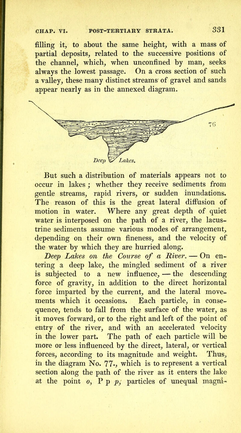filling it, to about the same height, with a mass of partial deposits, related to the successive positions of the channel, which, when unconfined by man, seeks always the lowest passage. On a cross section of such a valley, these many distinct streams of gravel and sands appear nearly as in the annexed diagram. But such a distribution of materials appears not to occur in lakes ; whether they receive sediments from gentle streams, rapid rivers, or sudden inundations. The reason of this is the great lateral diffusion of motion in water. Where any great depth of quiet water is interposed on the path of a river, the lacus- trine sediments assume various modes of arrangement, depending on their own fineness, and the velocity of the water by which they are hurried along. Deep Lakes on the Course of a River» — On en- tering a deep lake, the mingled sediment of a river is subjected to a new influence, — the descending force of gravity, in addition to the direct horizontal force imparted by the current, and the lateral move- ments which it occasions. Each particle, in conse- quence, tends to fall from the surface of the water, as it moves forward, or to the right and left of the point of entry of the river, and with an accelerated velocity in the lower part. The path of each particle will he more or less influenced by the direct, lateral, or vertical forces, according to its magnitude and weight. Thus, in the diagram No. 77*^ which is to represent a vertical section along the path of the river as it enters the lake at the point o, P p p; particles of unequal magni-