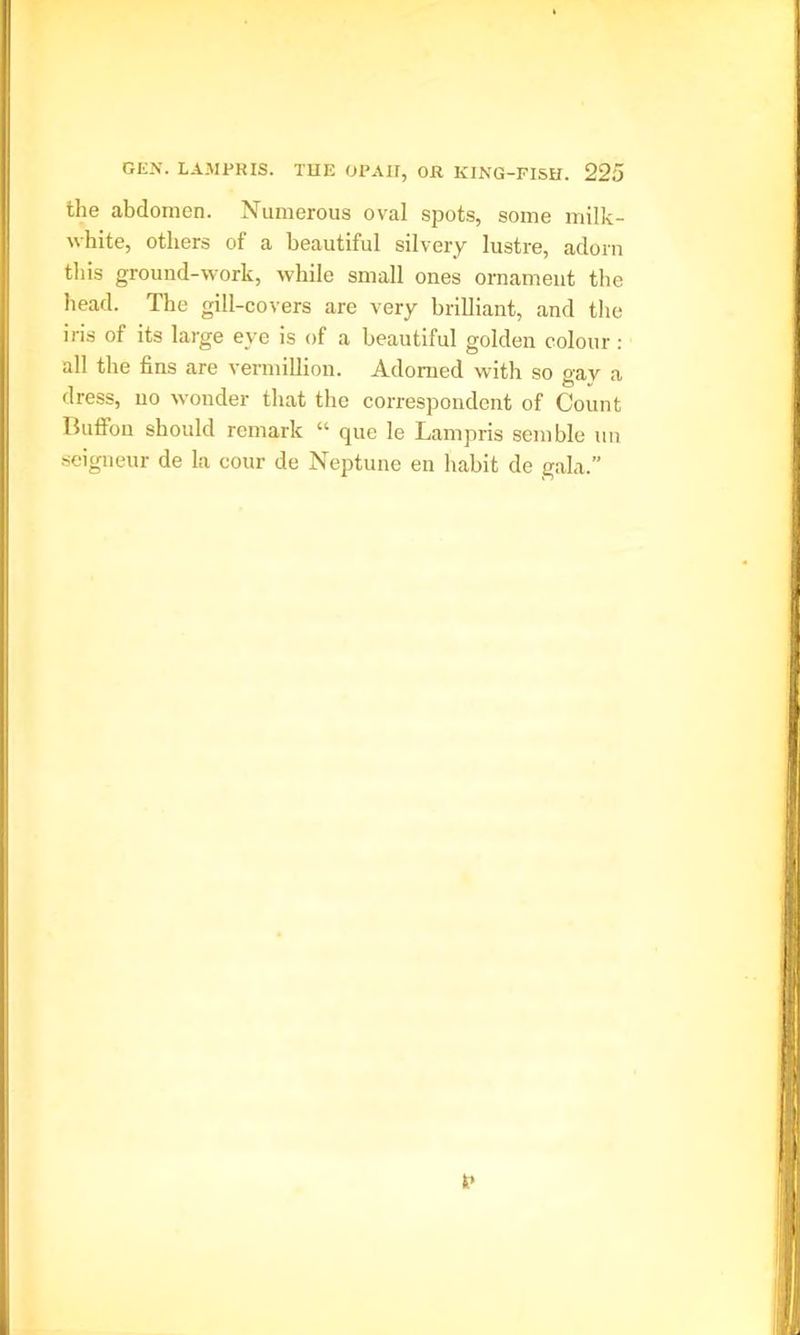 the abdomen. Numerous oval spots, some milk- white, others of a beautiful silvery lustre, adorn this ground-work, while small ones ornament the head. The gill-covers are very brilliant, and the iris of its large eye is of a beautiful golden colour : all the fins are Vermillion. Adorned with so gav a dress, no wonder that the correspondent of Count Bufton should remark “ que le Lampris semble un seigneur de la cour de Neptune en habit de gala.”