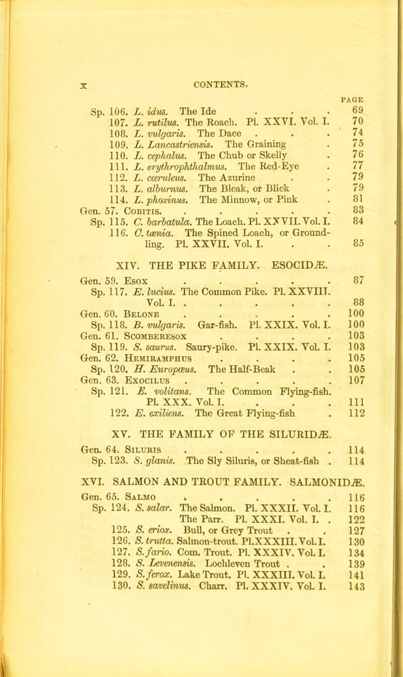 PAGE Sp. 106. L. idus. The Ide . . .69 107. L. rutilus. The Roach. PI. XXVI. Vol. I. 70 108. L. vulgaris. The Dace . . .74 109. L. Laneastriensis. The Graining . 75 110. L. cephalus. The Chub or Skelly . 76 111. L. erythrophthalrvus. The Red-Eye . 77 112. L. ccemteus. The Azurine . . 79 113. L. albunvus. The Bleak, or Blick . 79 114. L. phoxmus. The Minnow, or Pink . 81 Gen. 57. Cobitis. ..... 83 Sp. 115. C. barbatula. The Loach. PI. XXVII. Vol. I. 84 116. C. tania. The Spined Loach, or Ground- ling. PI. XXVII. VoL I. .85 XIV. THE PIKE FAMILY. ESOCIDjE. Gen. 59. Esox ..... 87 Sp. 117. E. Indus. The Common Pike. PI. XXVIII. Vol. 1 88 Gen. 60. Belone . . . . .100 Sp. 118. B. vulgaris. Gar-fish. PI. XXIX. Vol. I. 100 Gen. 61. Scomberesox .... 103 Sp. 119. S. saurus. Saury-pike. PI. XXIX. Vol. I. 103 Gen. 62. PIemiramphus .... 105 Sp. 120. II. Europceus. The Half-Beak . . 105 Gen. 63. Exocilus ..... 107 Sp. 121. E. volitam. The Common Flying-fish. PI. XXX. Vol. I. . . .111 122. E. exiliens. The Great Flying-fish . 112 XV. THE FAMILY OF THE SILURIDjE. Gen. 64. Siluris . . . . .114 Sp. 123. S. glanis. The Sly Siluris, or Sheat-fish . 114 XVI. SALMON AND TROUT FAMILY. SALMONID.E. Gen. 65. Salmo . . . . .116 Sp. 124. S. salar. The Salmon. PI. XXXII. Vol. I. 116 The Parr. PI. XXXI. Vol. I. . 122 125. S. eriox. Bull, or Grey Trout . . 127 126. S. tnUta. Salmon-trout. Pl.XXXIII. Vol.I. 130 127. S.fario. Com. Trout. PI. XXXIV. Vol. I. 134 128. S. Levenensis. Loclileven Trout . . 139 129. S. fa-ox. Lake Trout. PI. XXXIII. Vol. I. 141 130. S. savelinus. Charr. PI. XXXIV. Vol. I. 143