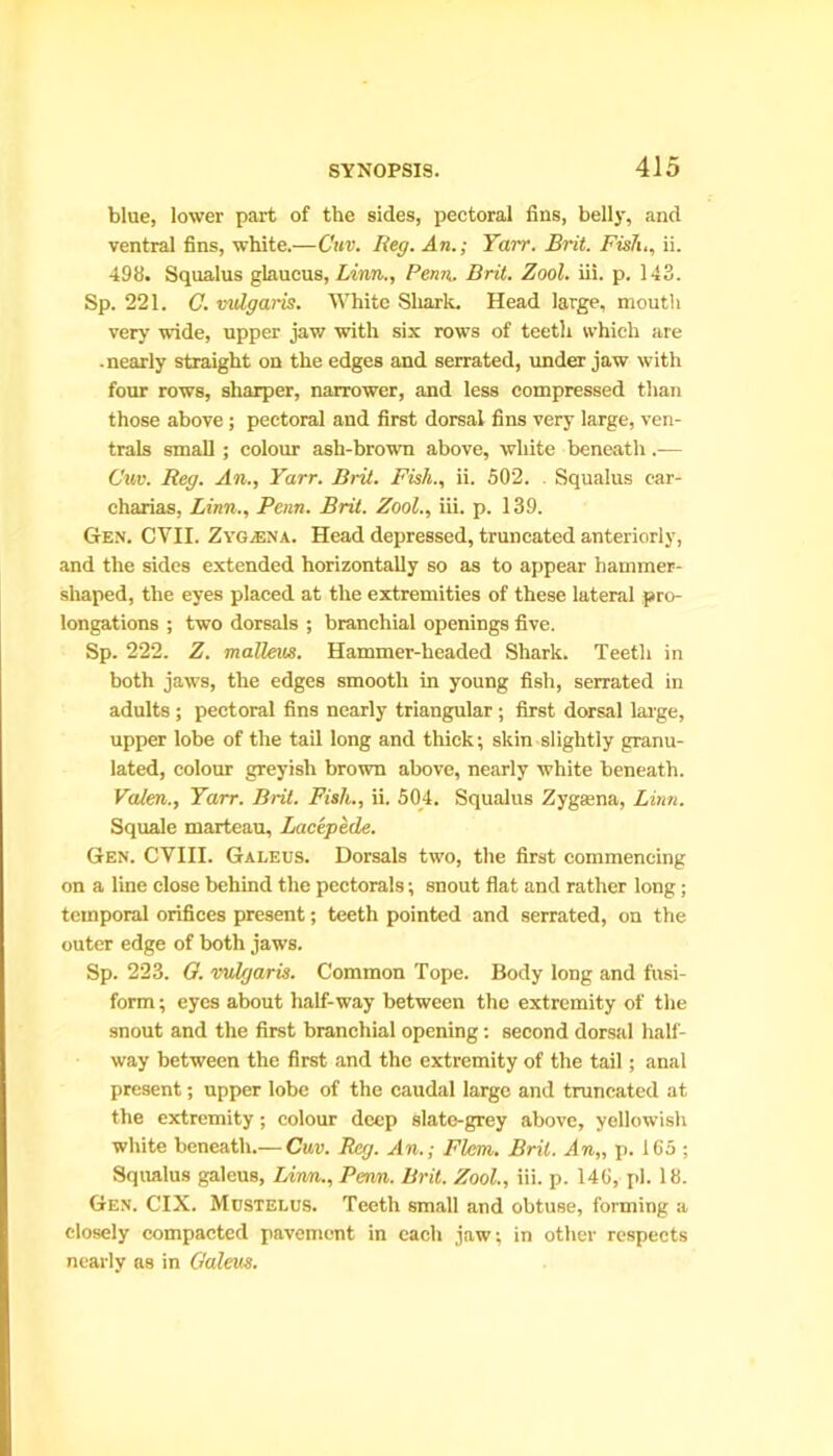 blue, lower part of the sides, pectoral fins, belly, and ventral fins, white.—C'uv. Reg. An.; Tarr. Brit. Fish., ii. 498. Squalus glaucus, Linn., Penn. Brit. Zool. iii. p. 143. Sp. 221. C. vulgaris. White Shark. Head large, mouth very wide, upper jaw with six rows of teeth which are • nearly straight on the edges and serrated, under jaw with four rows, sharper, narrower, and less compressed than those above ; pectoral and first dorsal fins very large, ven- trals small ; colour ash-brown above, white beneath .— Cuv. Reg. An., Yarr. Bril. Fish., ii. 502. . Squalus car- charias, Linn., Penn. Brit. Zool., iii. p. 139. Gen. CYII. Zygjena. Head depressed, truncated anteriorly, and the sides extended horizontally so as to appear hammer- shaped, the eyes placed at the extremities of these lateral pro- longations ; two dorsals ; branchial openings five. Sp. 222. Z. malleus. Hammer-headed Shark. Teeth in both jaws, the edges smooth in young fish, serrated in adults; pectoral fins nearly triangular; first dorsal large, upper lobe of the tail long and thick; skin slightly granu- lated, colour greyish brown above, nearly white beneath. Valen., Yarr. Brit. Fish., ii. 504. Squalus Zygsena, Linn. Squale marteau, Lacepede. Gen. CYIII. Galeus. Dorsals two, the first commencing on a line close behind the pectorals; snout flat and rather long; temporal orifices present; teeth pointed and serrated, on the outer edge of both jaws. Sp. 223. G. vulgaris. Common Tope. Body long and fusi- form ; eyes about half-way between the extremity of the snout and the first branchial opening: second dorsal half- way between the first and the extremity of the tail; anal present; upper lobe of the caudal large and truncated at the extremity; colour deep slate-grey above, yellowish white beneath.— Cuv. Reg. An.; Flem. Bril. An,, p. 165 ; Squalus galeus, Linn., Penn. Brit. Zool., iii. p. 146, pi. 18. Gen. CIX. Mostelus. Teeth small and obtuse, forming a closely compacted pavement in each jaw; in other respects nearly as in Galeus.