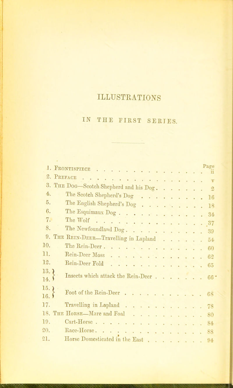 ILLUSTRATIONS IN THE FIRST SERIES. L FRONTISPIECE Pa?jj 2. Preface . . . 3. The Dog—Scotch Shepherd and his Dog 2 4. The Scotch Shepherd’s Dog qg 5. The English Shepherd’s Dog _ qg 6. The Esquimaux Dog 34, 7. The 'Wolf ‘ ’ ‘ 37 S. The Newfoundland Dog 39 9. The Rein-Deer—Travelling in Lapland 54. 10. The Rein-Deer gg 11. Rein-Deer Moss go 12. Rein-Deer Eold g. Insects which attack the Rein-Deer Eoot of the Rein-Deer . 17. Travelling in Lapland . . . . 18. TnE Horse—Mare and Foal . . . 19. Cart-Horse 20. Race-Horse 21. Horse Domesticated in the East . . 7S . 80 . S4 . ss . 94