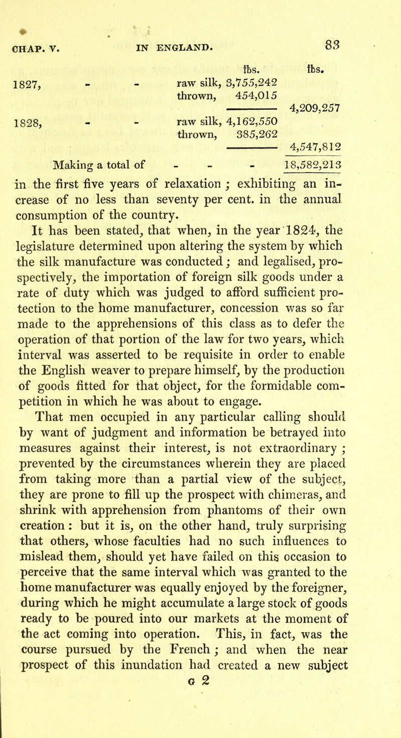 lbs. tbs. 1827, - - raw silk, 3,755,242 thrown, 454,015 1828, - - raw silk, 4,162,550 thrown, 385,262 4,547,812 Making a total of - - 18,582,213 in the first five years of relaxation ; exhibiting an in- crease of no less than seventy per cent, in the annual, consumption of the country. It has been stated, that when, in the year 1824, the legislature determined upon altering the system by which the silk manufacture was conducted; and legalised, pro- spectively, the importation of foreign silk goods under a rate of duty which was judged to afford sufficient pro- tection to the home manufacturer, concession was so far made to the apprehensions of this class as to defer the operation of that portion of the law for two years, which interval was asserted to be requisite in order to enable the English weaver to prepare himself, by the production of goods fitted for that object, for the formidable com- petition in which he was about to engage. That men occupied in any particular calling should by want of judgment and information be betrayed into measures against their interest, is not extraordinary ; prevented by the circumstances wherein they are placed from taking more than a partial view of the subject, they are prone to fill up the prospect with chimeras, and shrink with apprehension from phantoms of their own creation: hut it is, on the other hand, truly surprising that others, whose faculties had no such influences to mislead them, should yet have failed on this occasion to perceive that the same interval which was granted to the home manufacturer was equally enjoyed by the foreigner, during which he might accumulate a large stock of goods ready to he poured into our markets at the moment of the act coming into operation. This, in fact, was the course pursued by the French; and when the near prospect of this inundation had created a new subject