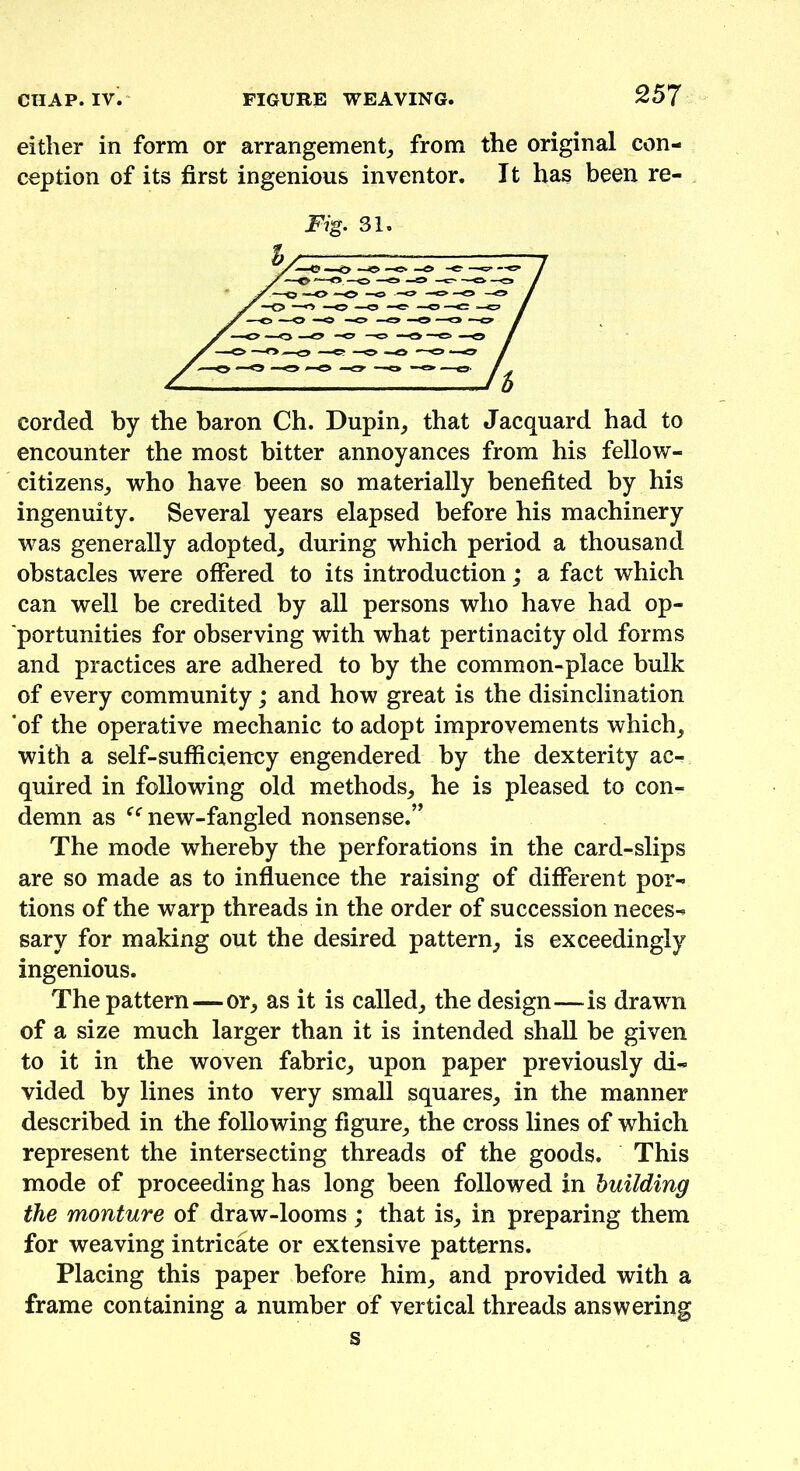 either in form or arrangement, from the original con- ception of its first ingenious inventor. It has been re- Fig. 31. corded by the baron Ch. Dupin, that Jacquard had to encounter the most bitter annoyances from his fellow- citizens^ who have been so materially benefited by his ingenuity. Several years elapsed before his machinery was generally adopted, during which period a thousand obstacles were offered to its introduction; a fact which can well be credited by all persons who have had op- portunities for observing with what pertinacity old forms and practices are adhered to by the common-place bulk of every community; and how great is the disinclination 'of the operative mechanic to adopt improvements which, with a self-sufficiency engendered by the dexterity ac- quired in following old methods, he is pleased to con- demn as  new-fangled nonsense.” The mode whereby the perforations in the card-slips are so made as to influence the raising of different por- tions of the warp threads in the order of succession neces- sary for making out the desired pattern, is exceedingly ingenious. The pattern—or, as it is called, the design—is drawn of a size much larger than it is intended shall be given to it in the woven fabric, upon paper previously di- vided by lines into very small squares, in the manner described in the following figure, the cross lines of which represent the intersecting threads of the goods. This mode of proceeding has long been followed in building the monture of draw-looms ; that is, in preparing them for weaving intricate or extensive patterns. Placing this paper before him, and provided with a frame containing a number of vertical threads answering s