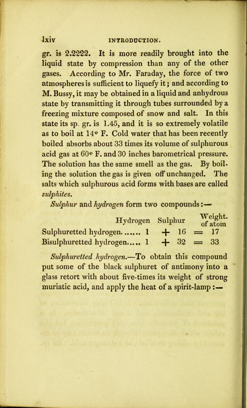 Jxiv INTRODUCTION. gr, is Q»2222, It is more readily brought into the liquid state by compression than any of the other gases. According to Mr. Faraday, the force of two atmospheres is sufficient to liquefy it; and according to M. Bussy, it may be obtained in a liquid and anhydrous state by transmitting it through tubes surrounded by a freezing mixture composed of snow and salt. In this state its sp. gr. is 1.45, and it is so extremely volatile as to boil at 14® F. Cold water that has been recently boiled absorbs about 33 times its volume of sulphurous acid gas at 60® F. and 30 inches barometrical pressure. The solution has the same smell as the gas. By boil- ing the solution the gas is given off unchanged. The salts which sulphurous acid forms with bases are called sulphites. Sulphur and hydrogen form two compounds» Hydrogen Sulphur Stem Sulphuretted hydrogen 1 + 16 = 17 Bisulphuretted hydrogen..... 1 + = 33 Sulphuretted hydrogen,—To obtain this compound put some of the black sulphuret of antimony into a glass retort with about five-times its weight of strong muriatic acid, and apply the heat of a spirit-lamp