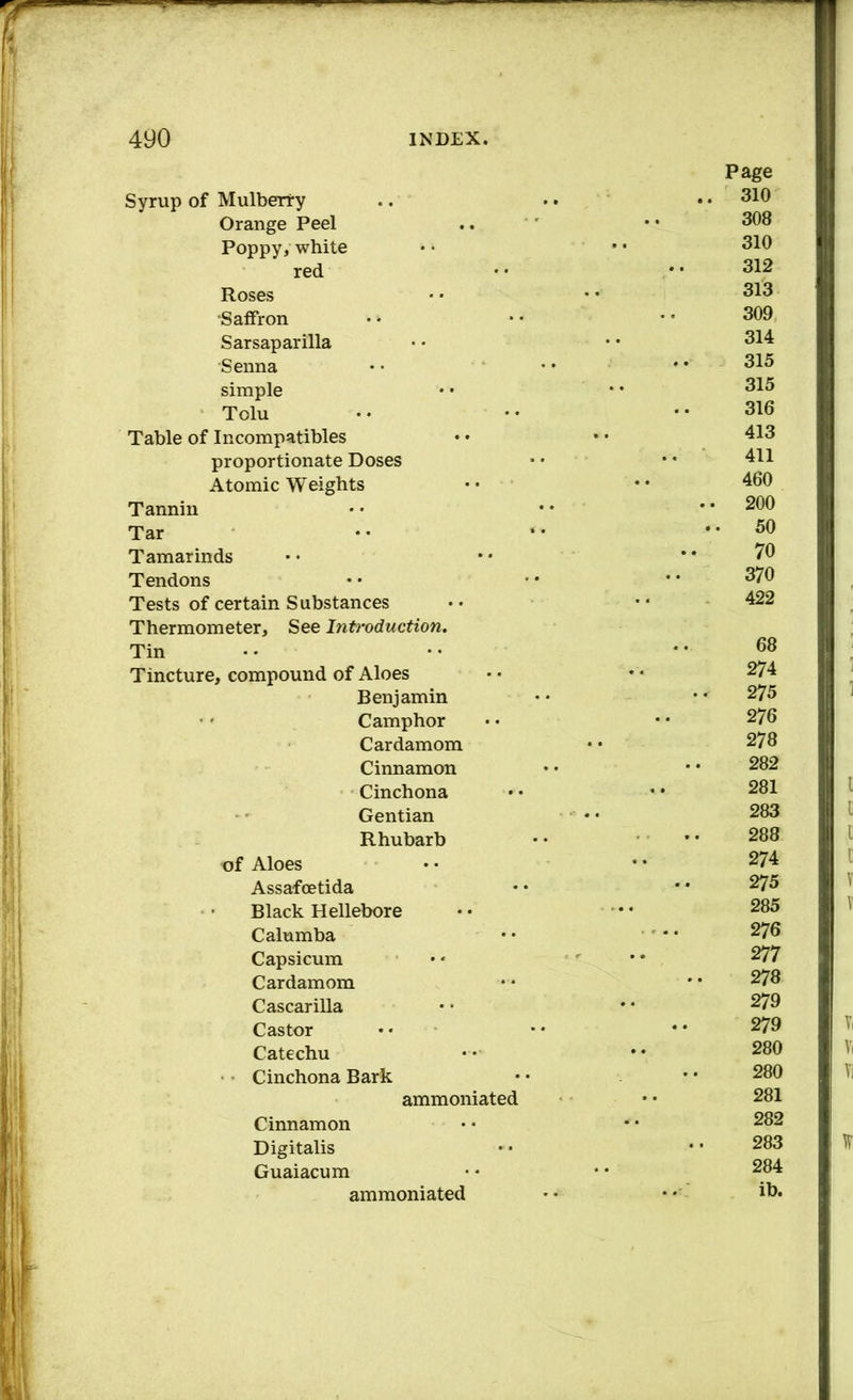 Syrup of Mulberry Orange Peel Poppy, white red Roses Saffron Sarsaparilla Senna simple Tolu Table of Incompatibles proportionate Doses Atomic Weights Tannin Tar Tamarinds Tendons Tests of certain Substances Thermometer, See Introduction, Tin Tincture, compound of Aloes Benjamin Camphor Cardamom Cinnamon Cinchona Gentian Rhubarb of Aloes Assafoetida Black Hellebore Calumba Capsicum Cardamom Cascarilla Castor Catechu • ’ Cinchona Bark ammoniated Cinnamon Digitalis Guaiacum ammoniated Page 310 308 310 312 313 309 314 315 315 316 413 411 460 200 50 70 370 422 68 274 275 276 278 282 281 283 288 274 275 285 276 277 278 279 279 280 280 281 282 283 284 ib.