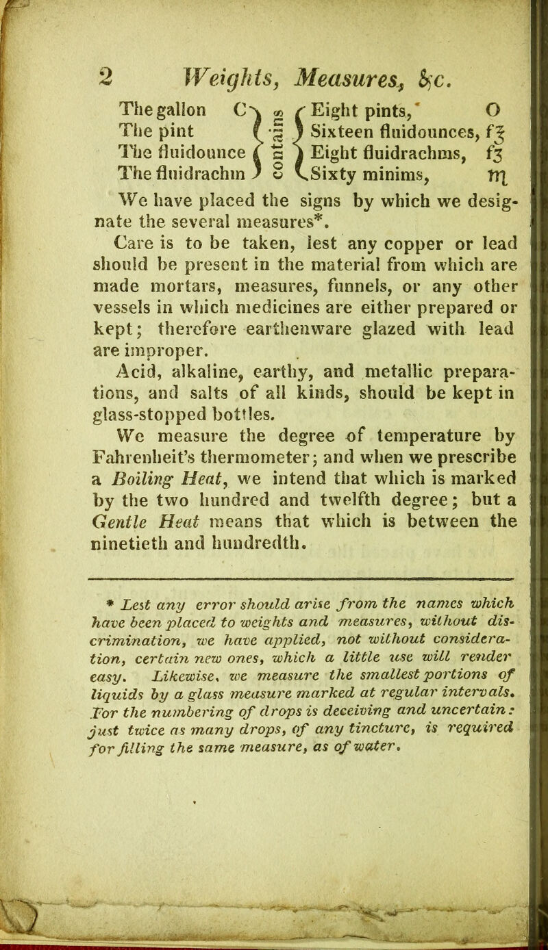 The gallon ® ^ Eight pints,' O The pint C ^ ^ Sixteen fluidoiinces, f J llje fluidounce 4 a i Eight fluidrachms, The fluidrachm ) S VSixty minims, tri We have placed the signs by which we desig- nate the several measures*. Care is to be taken, lest any copper or lead should be present in the material from which are made mortars, measures, funnels, or any other vessels in which medicines are either prepared or kept; therefore earthenware glazed with lead are isnproper. Acid, alkaline, earthy, and metallic prepara- tions, and salts of all kinds, should be kept in glass-stopped bottles. We measure the degree ef temperature by Fahrenheit’s thermometer; and when we prescribe a Boiling Heat, we intend that which is marked by the two hundred and twelfth degree; but a Gentle Heat means that which is between the ninetieth and hundredth. ♦ Lest any error should arUe from the names which have been placed to weights and measures, without dis- crimination, we have applied, not without considera- tion, certain new ones, which a little use will render easy. Likewise, we measure the smallest portions of liquids by a glass measure marked at regular intervals^ For the numbering of drops is deceiving and uncertain: just twice as many drops, of any tincture, is required for filling the same measure, as of water.