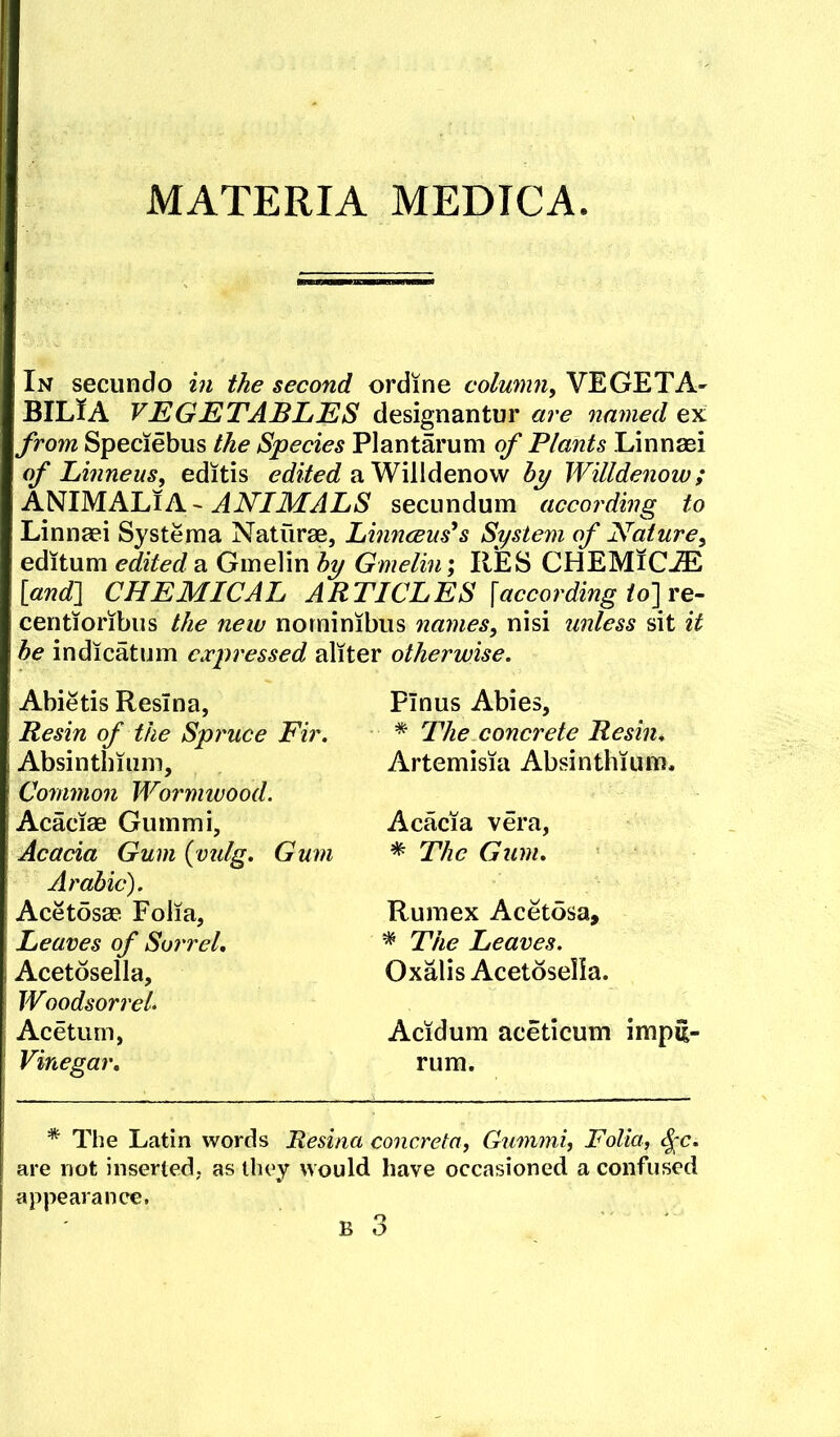 MATERIA MEDICA In secundo in the second ordine column, VEGETA- BILlA VEGETABLES designantur are named ex from Speciebus the Species Plantarum of Plants Linnasi of Linneus, editis edited hy Willdenow; ANIMALlA-secundum according to Linnaei Systema Naturae, Linnceus^s System of Nature, editum edited a Ginelin by Gmelin; RES CHEMiCj® [andl CHEMICAL ARTICLES \according tolve- centioribiis the new norninibus naynes, nisi unless sit it be indicatum expressed aliter otherwise. Abietis Resina, Resin of the Spruce Fir. Absinthium, Common Wormwood. Acaciae Gummi, Acacia Gum {vulg. Gum Arabic). Acetosae Folia, Leaves of Soi'rel, Acetosella, WoodsorreL Acetiim, Vinegar, Pinus Abies, * The concrete Resin. Artemisia Absinthium. AcMa vera, * The Gum, Rumex Acetosa, * The Leaves. Oxalis Acetoselia. Acidum aceticum impu- rum. * The Latin words Resina concreta, Gummi, Folia, ^c. are not inserted, as they would have occasioned a confused appearance. B 3