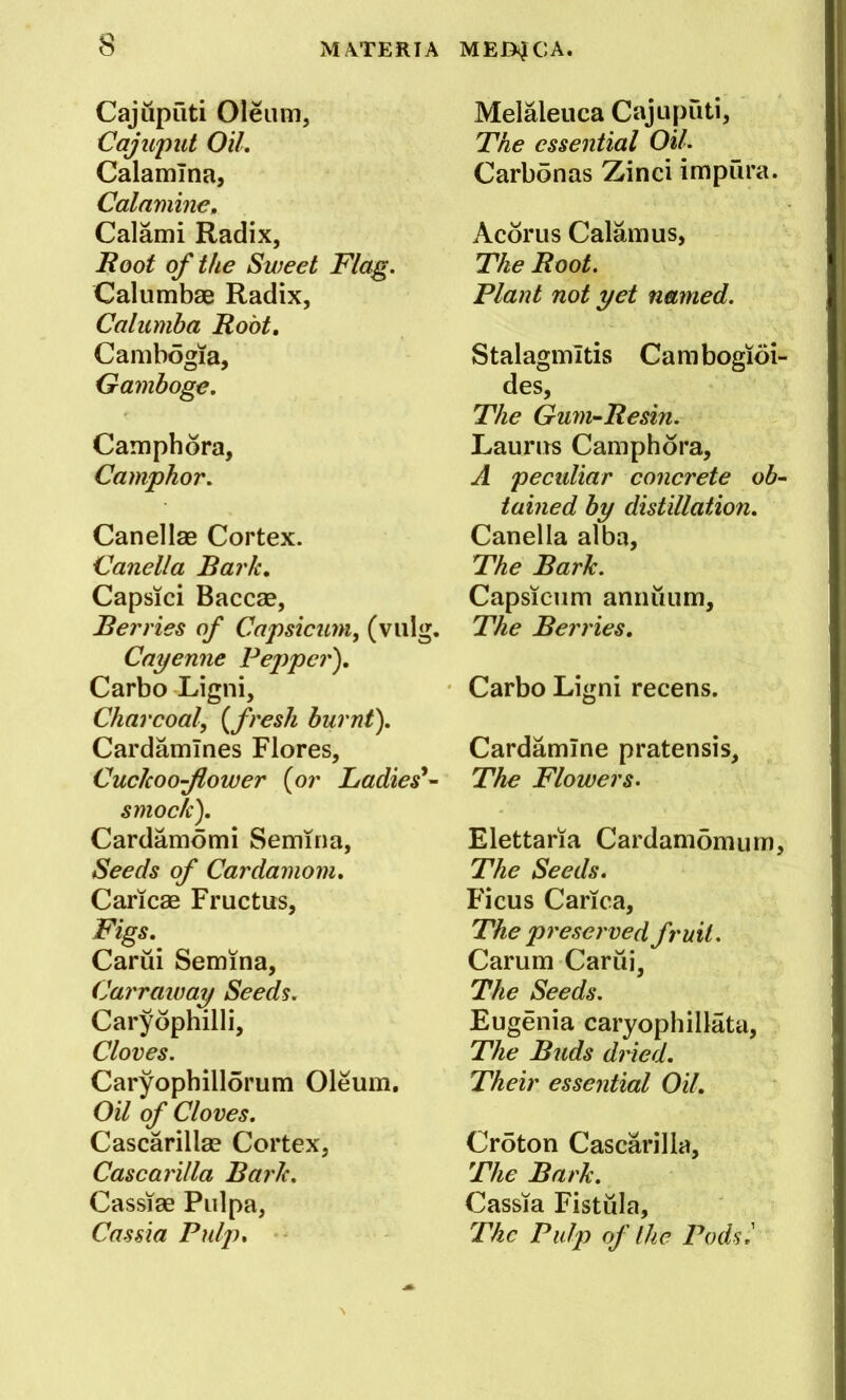 Cajuputi Oleum, Cajupiit Oil, CalamTna, Calamine, Calami Radix, B.oot of the Sweet Flag. Calumbae Radix, Calumba Root, Cambogia, Gamboge. Camphora, Camphor. Canellae Cortex. Canella Bark, Capsici Baccse, Berries of Capsicum, (viilg. Cayenne Pej)per), Carbo Ligni, Charcoal, {fresh burnt), Cardamlnes Flores, Cuckooflower (or Ladies'*^ smock), Cardamomi Semina, Seeds of Cardamom, Caricae Fructus, Figs. Carui Semina, Carraway Seeds. Caryophilli, Cloves. Caryophillorum Oleum, Oil of Cloves. Cascarillse Cortex, Cascarilla Bark, Cassiae Pulpa, Cassia Pulp, Melaleuca Cajuputi, The essential Oil, Carbonas Zind impura. Acorns Calamus, The Root. Plant not yet named. Stalagmitis Cambogioi- des, The Gum^Resin. Laurus Camphora, A peculiar concrete ob^ tabled by distillation, Canella alba. The Bark. Capsicum aniiuum. The Berries. Carbo Ligni recens. Cardamlne pratensis. The Flowers. Elettaria Cardamomum, The Seeds. Ficus Carica, The p i'eserved fruit. Carum Carui, The Seeds. Eugenia caryophillata. The Buds dried. Their essential Oil. Croton Cascarilla, The Bark. Cassia Fistula, The Pulp of the Pods.