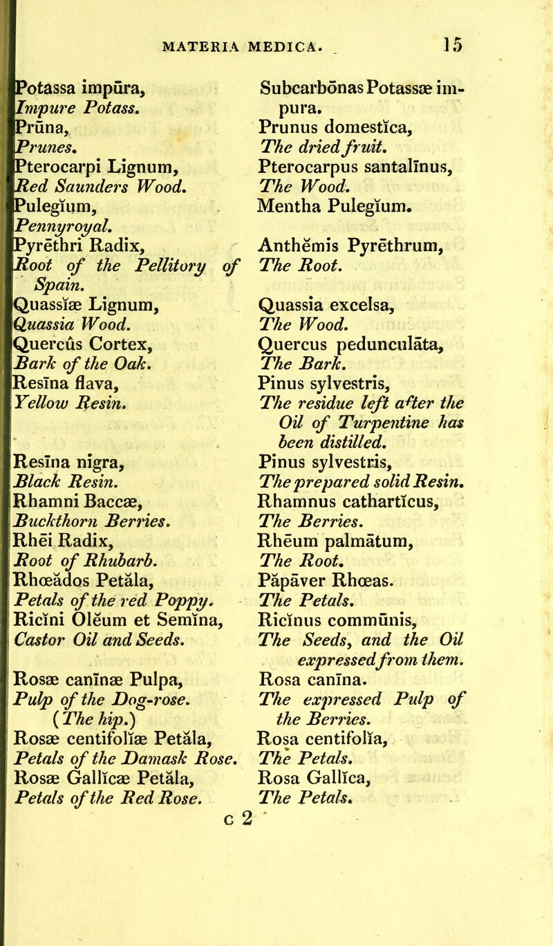 Potassa impura, ^mpure Potass. Pruna, ^runes, Pterocarpi Lignum, Red Saunders Wood. Pulegium, Pennyroyal. Pyrethri Radix, Root of the Pellitory of Spain. Quassiae Lignum, Quassia Wood. Quercus Cortex, Rarh of the Oak. Resina flava. Yellow Resin. Resina nigra. Black Resin. Rhamni Baccae, Buckthorn Berries. Rhei Radix, Boot of Rhubarb. Rhoeados Petala, Petals of the red Poppy. Ricini Oleum et Semina, Castor Oil and Seeds. Rosas caninae Pulpa, Pulp of the Dog-rose. ( The hip.) Rosas centifolias Petala, Petals of the Damask Rose. Rosas Gallicas Petala, Petals of the Red Rose. G 2 Subcarbon as Potassas im- pura. Prunus domestica. The dried fruit. Pterocarpus santalinus. The Wood. Mentha Pulegium. Anthemis Pyrethrum, The Root. Quassia excelsa. The Wood. Quercus pedunculata. The Bark. Pinus sylvestris. The residue left aHer the Oil of Turpentine has been distilled. Pinus sylvestris, The prepared solid Resin, Rhamnus catharticus. The Berries. Rheum palmatum. The Root, Papaver Rhosas. The Petals. Ricinus communis. The Seeds, and the Oil expressedfrom them. Rosa canina. The expressed Pulp of the Berries. Rosa centifolia. The Petals. Rosa Gallica, The Petals,