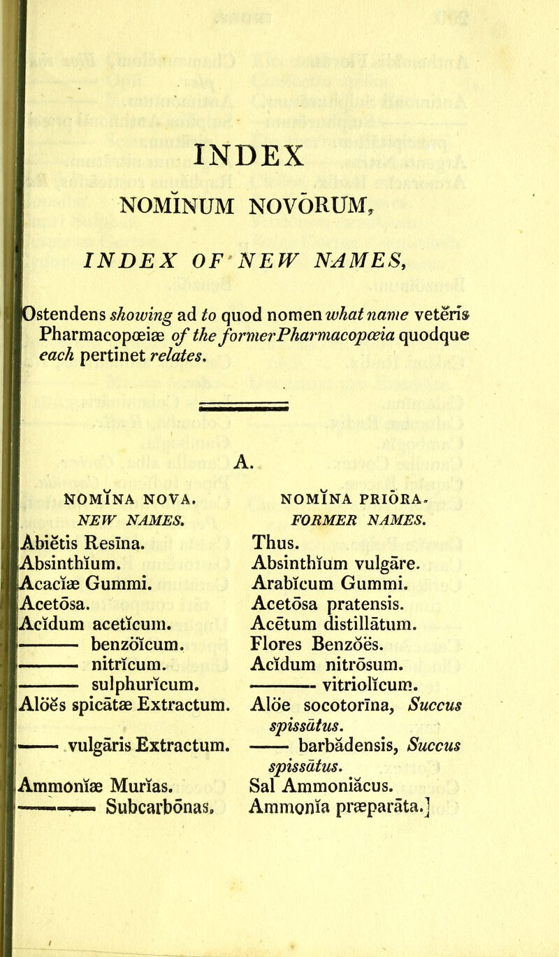 INDEX NOMINUM NOVORUM, INDEX OF NEW NAMES, Ostendens showing ad to quod r\ome,n what name vetem Pharmacopoeiae of the formerPharmacopceia quodque each pertinet relates. NOMINA NOVA. NS IT NAMES, Abietis Resina. Absinthium. Acaciae Gummi. Acetosa. Acidum aceticuni. benzbicum. nitricum. sulphuricum. Aloes spicatae Extractum. — vulgaris Extractum. Ammomae Murias. Subcarbonas. A. NOMINA PRIORA. FORMER NAMES, Thus. Absinthium vulgare. Arabicum Gummi. Acetosa pratensis. Acetum distillatum. Flores Benzbes. Acidum nitrosum. vitriolicum. Aloe socotorina, Succus spissdtus, barbadensis, Succus spissdtus. Sal Ammoniacus. Ammonia prasparata.]