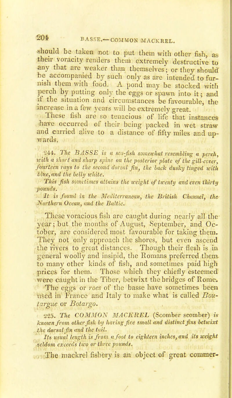 20* BASSE.—COMMON MACKREL. should be taken not to put them with other fish, as their voracity renders them extremely destructive to any that are weaker than themselves; or they should' be accompanied by such only as are intended to fur- nish them with food. A pond may be stocked with perch by putting only the eggs or spawn into it; and if the situation and circumstances be favourable, the increase in a few years will be extremely great. These fish are so tenacious of life that instances have occurred of their being packed in wet straw and carried alive to a distance of fifty miles and up- wards. '244. The BASSE is a scu-fish somewhat resembling a perch, with a short and sharp spine on the posterior plate of the gill-ccver, fourteen rays to the second dorsal Jin, the lack dusky tinged with blue, and the belly white. This fish Sometimes attains the weight of twenty and even thirty pounds. It is found in the Mediterranean, the British Channel, the Northern Ocean, and the Baltic. These voracious fish are caught during nearly all the year; but the months of August, September, and Oc- tober, are considered most favourable for taking them. They not only approach the shores, but even ascend the rivers to great distances. Though their flesh is in general woolly and insipid, the Romans preferred them, to many other kinds of fish, and sometimes paid high prices for them. Those which they chiefly esteemed; were caught in the Tiber, betwixt the bridges of Rome. The eggs or roes of the basse have sometimes been used in France and Italy to make what is called Bou- targue or Botargo. -225. The COMMON MACKREL (Scomber scomber) is known from other fish by having fire small and distinct fins betwixt i.'ie dorsal fin and the tail. Its usual length is from afoot to eighteen inches, and its weight seldom exceeds two or three pounds. fljiw iiaj.r?if.<0 vxf.iiis.i.^aoiua »ux . »*nh« otvtnt> t.j The mackrel fishery is an object of great commer-