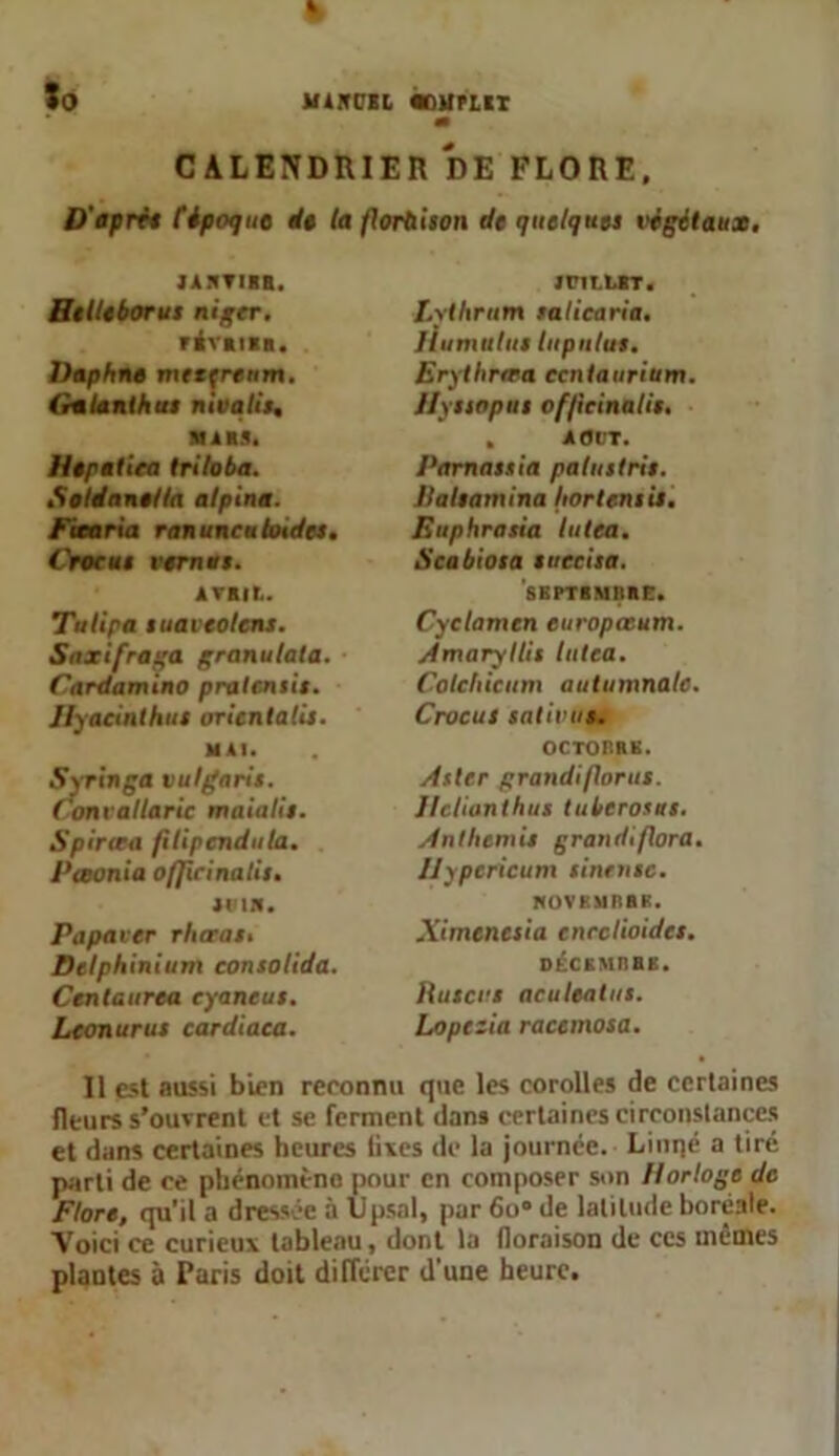 ViNCIl «OHPLII Xo CALENDRIER DE FLORE, D'aprè* (époque de taflorbison de quelques végétaux. JANVIER. Htlleborus niger. février. Daphné mttfrenm. (ralanihus ni va lis, ■ait Hepatiea triloba. Foldnnella alpine. Fiearia ranuncuhndes. Crocus vernus. mit, Tulipa suavcotens. Saxifraga granutata. Cardamino pralcnsis. Jlyacinthus orientalis. Mil. Syringa vulgaris. ( onvallaric main lis. Spirica filipcndula. Paonia o (peina lis. MM. Papaver rliaras. Delphinium consolida. Centaurea cyaneus. Lconurus cardiaca. IFIIUT, Lythrum salicaria. litimulus lupnlus. Erythrera ccntaurium. Hyssopus ofpcinaUs. , A0V1. Parnassia palustris. llalsamina hortensis. Euphrasia lutea. Scabiosa sticcisa. SEPTEMBRE. Cyclamen curopccum. Amaryllis lulca. Colchicum autumnale. Crocus saliras. OCTOBRE. Aster grandi (taras. Jlclianthus tubcrosus. Antliemis grandiflora. Uypcricum sinensc. NOVEMBRE. Xi mènes i a enedioides. DÉCEMBRE. Hascrs aculealas. Lopczia racemosa. Il est aussi bien reconnu que les corolles de certaines fleurs s’ouvrent et se ferment dan* certaines circonstances et dans certaines heures lises de la journée. Linné a tiré parti de ce phénninèno pour en composer son Horloge de Flore, qu'il a dressée à llpsal, par 6o° de latitude boréale. Voici ce curieux tableau, dont la floraison de ces mêmes plantes à Paris doit différer d'une heure.