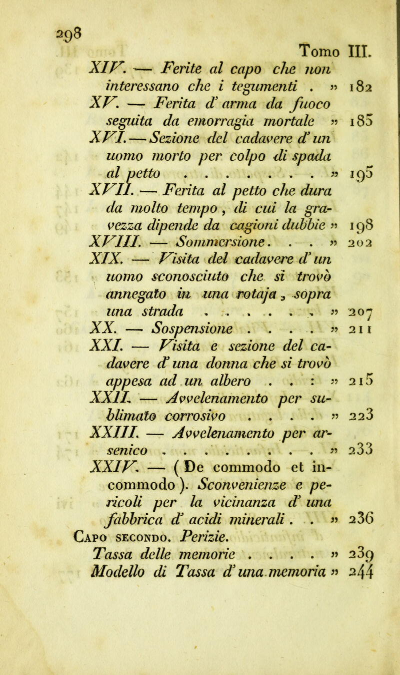 293 Tomo III. XIV. — Ferite al capo che non interessano che i tegumenti . » 182 XV. — Ferita ci arma da fuoco seguita da emorragia mortcde » i85 XVI. — Sezione del cadavere diun uomo morto per colpo di spada al petto » jq5 XVII. — Ferita al petto che dura da molto tempo, di cui la gra- vezza dipende da cagioni dubbie » 198 XVIII. — Sommersione. . . >•> 202 XIX. — Visita del cadavere ci un uomo sconosciuto che sì trovò annegato iti una rotaja, sopra una strada . ... . . . , » 207 XX. — Sospensione . . . . » 211 XXI. — Visita e sezione del ca- davere d! una donna che si trovò appesa ad un albero . . : » 215 XXII — Avvelenamento per su- blimato corrosivo . . . . » 22Z XXIII. — Avvelenamento per ar- senico » a33 XXIV* — (De commodo et in- commodo ). Sconvenienze e pe- ricoli per la vicinanza di una fabbrica di acidi minerali. . » 236 Capo secondo. Perizie. Tassa delle memorie .... » 239 Modello di Tassa d’una.memoria « 244