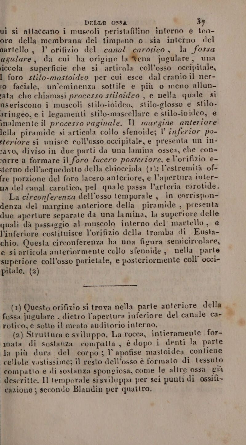 uì si attaccano i muscoli peristafilino interno e tea- ore della membrana del timpano o. sia interno del nartello, 1° oritizio del cana! carotico, la fossa ugulare, da cui ha origine la Vena jugulare, una iccela superficie che si articola coll’osso occipitale, I foro sti/o-mastoideo per cui esce dal cranio il ner- 0 faciale, un’eminenza sotlile e più o meno allun- rata che chiamasi processo stiloideo , e nella quale si nseriscono i muscoli stilo-ioideo, stilo-glosso e slilo- aringeo, e i lezamenti stilo-mascellare e stilo-ioideo, e inalmente il processo vaginale. Il margine anteriore lella piramide si articola collo sfenoide; l inferior po- steriore si unisce coll’osso occipitale, e presenta un in- savo, «liviso in due parti da una lamina ossea, che con- ‘orre a formare il foro lacero posteriore. e l’orifizio e- sterno dell'acquedotto della chiocciola (1): l'estremità of- fre porzione del foro lacero anteriore, e V’apertura inter- na del canal carotico, pel quale passa VParleria carotide. La circonferenza dell'osso temporale , in corrispon- denza del margine anteriore della piramide , presenta due aperture separate da una lamina, la superiore delle quali da passaggio al muscolo interno del martello, e l'inferiore costituisce l’orifizio della tromba di Eusta- chio. Questa circonferenza ha una figura semicircolare, e si articola anteriormente collo sfenoide, nella parte pitale. (2) (1) Questo orifizio si trova nella parte anteriore della fossa jugulare , dietro l'apertura inferiore del canule ca- rotico, e sotto il meato audilorio interno. (2) Struttura e sviluppo. La rocca, intieramente for- mata di sostanza compatta, è dopo i denti Ja parte la più dura del corpo ; 1 apofise mastoidea contiene