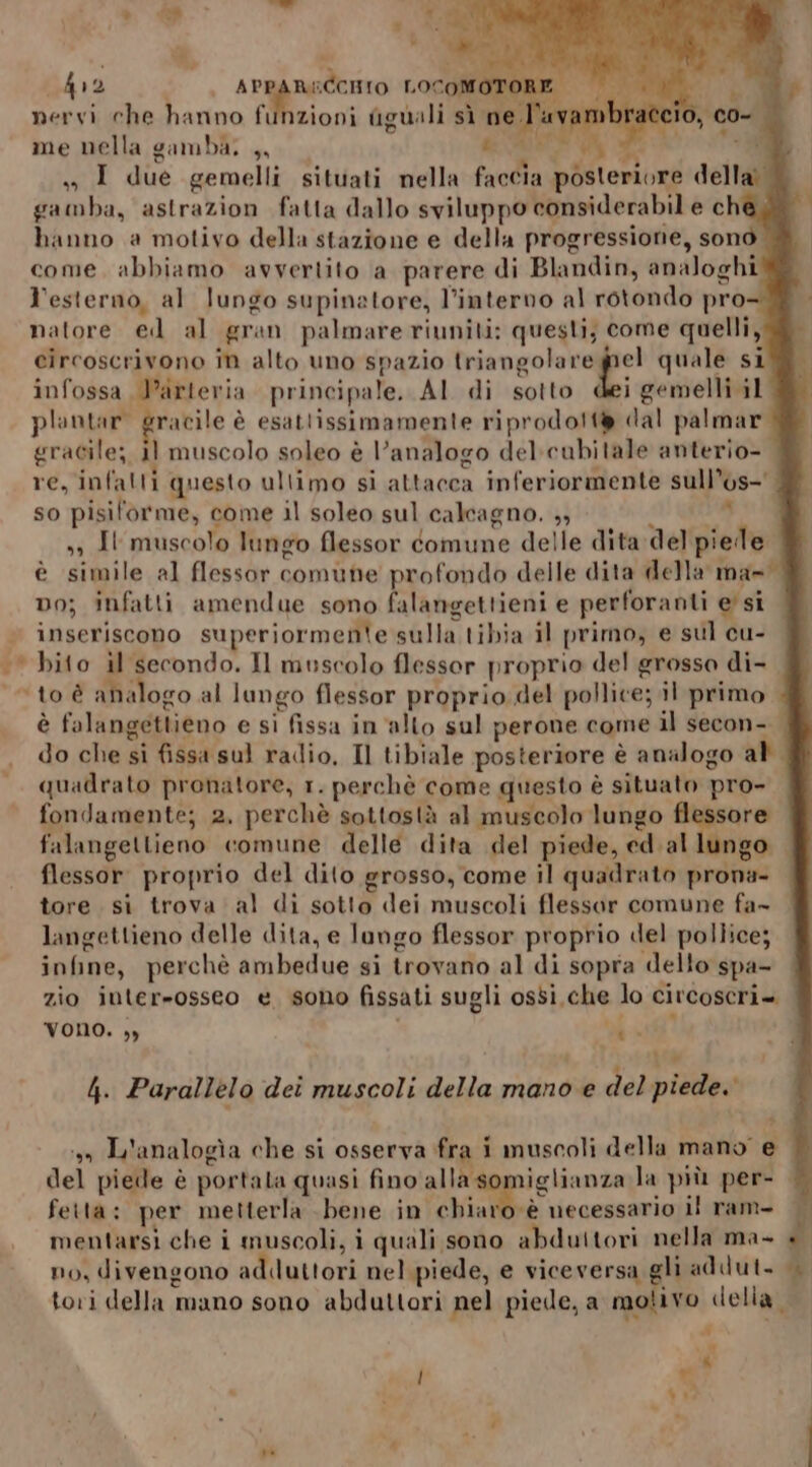 è e. hi d 2 APPARECCHIO LOCOMO' ve LA nervi che hanno funzioni figuali sì ne. uvambrace “0-8 me nella gamba. ,, GT go A » I due gemelli situati nella faccia posteriore della? gamba, astrazion fatta dallo sviluppo considerabil e che hanno a motivo della stazione e della progressione, sono come. abbiamo avvertito a parere di Blandin, analoghi l'esterno, al lungo supinatore, l’interno al rotondo pro- natore ed al gran palmare riuniti: questi; come quelli, circoscrivono in alto uno spazio rione di quale s infossa Jarleria principale. AI di sotto dei gemelli il plontar gracile è esatlissimamente riprodott® dal palmar gracile; il muscolo soleo è l’analogo del:cubitale anterio- re, infatti questo ullimo si attacca inferiormente sull’os-' so pisiforme, come il soleo sul calcagno. ,, TA sì Il muscolo lungo flessor comune delle dita:del piele è simile al flessor comune profondo delle dita della ma- no; infatti amendue sono falangettieni e perforanti e' si © inseriscono superiormente sulla tibia il primo, e sul cu- 0 bito il secondo. Il muscolo flesser proprio del grosso di- ‘to è analogo al lungo flessor proprio del pollice; il primo , è falangettieno e sì fissa in alto sul perone come il secon- | do che si fissa sul radio, Il tibiale posteriore è analogo al quadrato pronatore, 1. perchè come questo è situato pro- fondamente; 2, perchè sottostà al muscolo lungo rp io go falangetlieno comune delle dita del piede, ed. al flessor proprio del dito grosso, come il quadrato prona- tore. si trova al di sotto dei muscoli flessor comune fa» langettieno delle dita, e lango flessor proprio del pollice; infine, perchè ambedue si trovano al di sopra dello spa- zio inter=osseo è sono fissati sugli ossi che lo circoscri= VONO. »» Mu? 4. Parallelo dei muscoli della mano e del piede. ‘n L'analogìa che si osserva fra i muscoli della mano e del piede è portata quasi fino alla somiglianza la più per- — feita: per metterla bene in chiaro è necessario il ram- mentarsi che i muscoli, i quali sono abduitori nella ma- + no, divengono addluttori nel piede, e viceversa gli addut. tori della mano sono abduttori nel piede, a motivo della