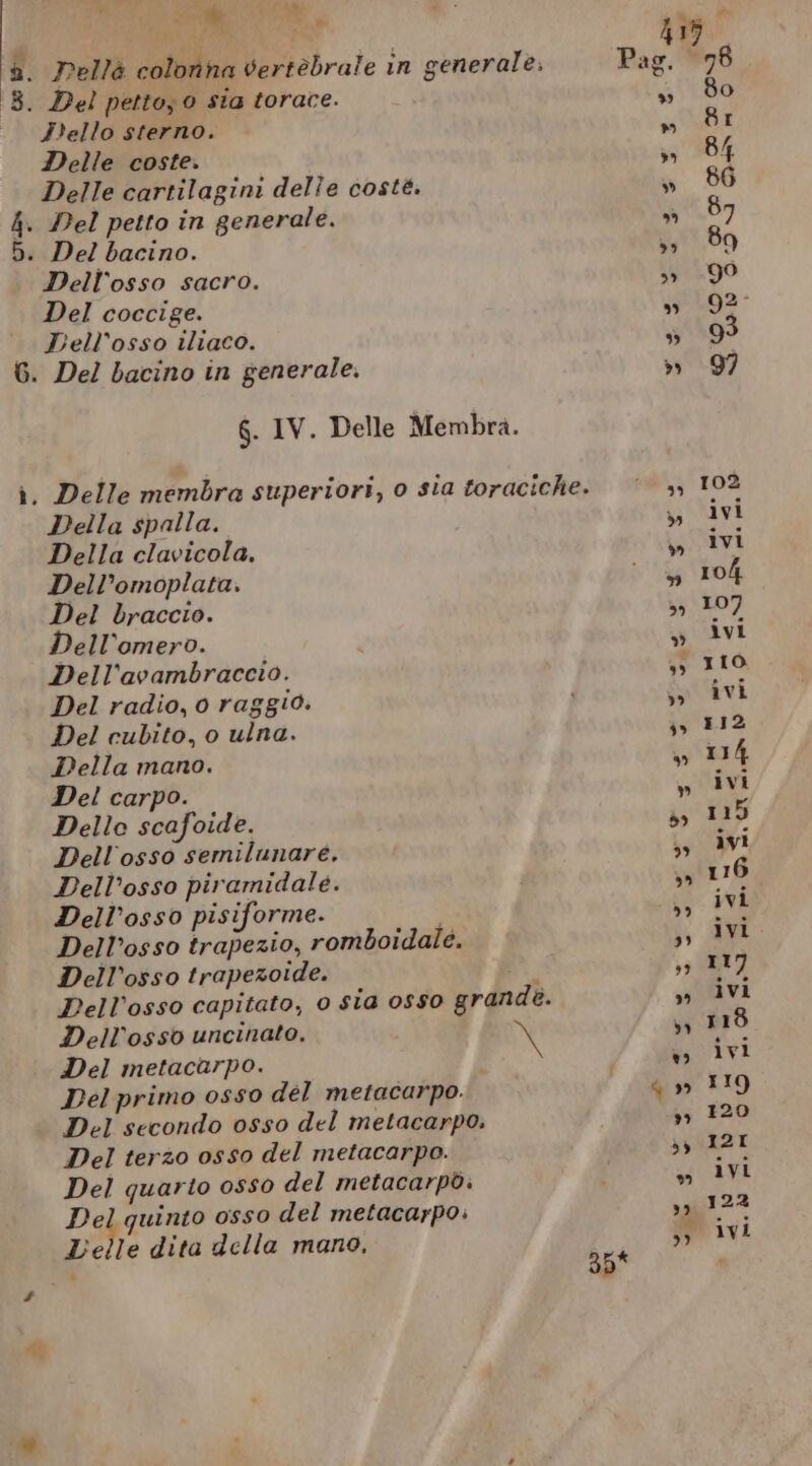 PRESE i Rei ia I Hello sterno. Delle coste. Delle cartilagini delle coste. 4. Del petto in generale. Dell'osso sacro. Del coccige. PDell'osso iliaco. 6. Del bacino in generale. 6. IV. Delle Membra. Della spalla. Della clavicola. Dell’omoplata. Del braccio. Dell’omero. Dell'avambraccio. Del radio, 0 raggio. Del cubito, o ulna. Della mano. Del carpo. Delle scafoide. Dell'osso semilunare. Dell’osso piramidale. Dell’osso pisiforme. Dell’osso trapezio, romboidale. Dell’osso trapezoide. Pell’osso capitato, 0 si Dell’osso uncinato. \ Del metacarpo. i Del primo osso del metacarpo. Del secondo osso del metacarpo. Del terzo osso del metacarpo. Del quarto osso del metacarpò. 1.9 quinto osso del metacarpo; Lelle dita della mano, 30*