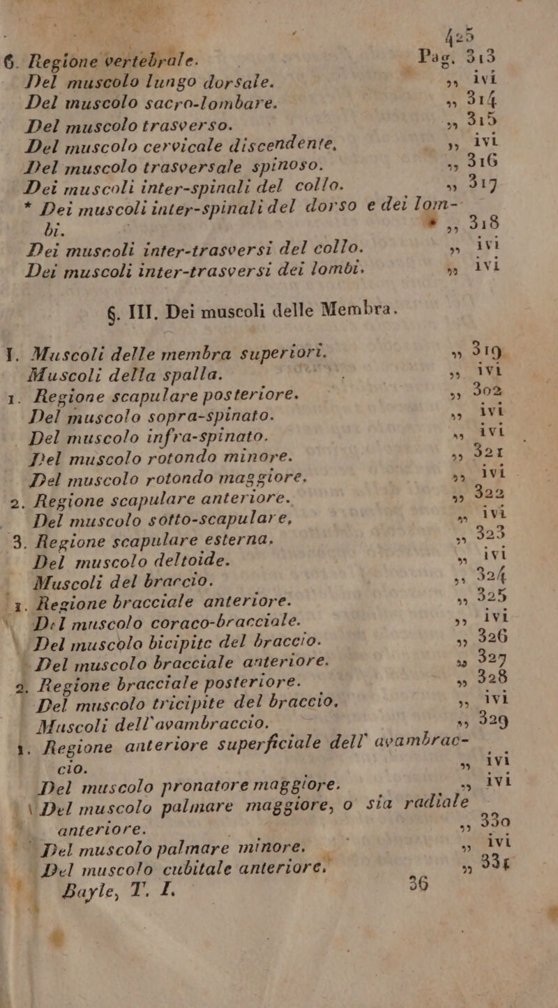 DL Del muscolo sacro-lombare. SUD Del muscolo trasversale spinoso. +) 316 Dei muscoli inter-spinali del collo. SII * Dei muscoli inter-spinali del dorso e dei Iom- di. i # ,, 318 Dei muscoli inter-trasversi del collo. pi Dei muscoli inter-trasversi dei lombi. ivi 6. III. Dei muscoli delle Membra. I. Muscoli delle membra superiori. » 319 Muscoli della spalla. Sa INVE 1. Regione scapulare posteriore. 33 30% Del muscolo sopra-spinato. 13° Dre | Del muscolo infra-spinato. RI EVA Pel muscolo rotondo minore. Pete 1 Del muscolo rotondo maggiore. vivi 2. Regione scapulare anteriore. }» Sa2 — Del muscolo sotto-scapulare, » IVi 3. Regione scapulare esterna, 385 Del muscolo deltoide. n ivi Muscoli del braccio. si 324 1. Regione bracciale anteriore. 335 . Del muscolo coraco-bracciale. sa INI | Del muscolo bicipite del braccio. s) 326 | Del muscolo bracciale anteriore. so 327 2. Regione bracciale posteriore. 35 328 Del muscolo tricipite del braccio. Yi Muscoli dell'avambraccio. 3) 329 1. Regione anteriore superficiale dell’ avambrac- cio. lavi Del muscolo pronatore maggiore. s, Ivi | \/Del muscolo palmare maggiore, o sia radiale |. anteriore. i 940 | Del muscolo palmare minore. I sg ivi Del muscolo cubitale anteriore. »o DIE È, i Bayle, T, I 36 DI