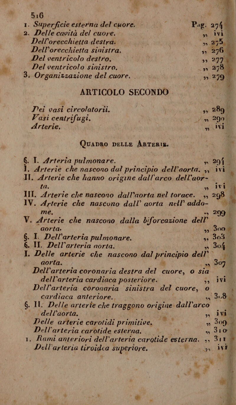 2. Delle cavità del cuore. Dell’orecchietta destra. Dell’orecchietta sinistra. so Gel h Del ventricolo destro. »» 277%. Del ventricolo sinistro. ta i 3. Organizzazione del cuore. . 92 79 ARTICOLO SECONDO Pei vasi circolatorii. 2 289 Vasi centrifugi. / n 299, Arterie, » ivi Quanro peLLE ARTERIE. N G. I. Arteria pulmonare. » 201. l. Arterie che nascono dal principio dell’aorta. » ivi A II. Arterie che hanno origine dall'arco dell’aor- ta, s IV. Arterie che nascono dall’ aorta nell’ addo- sh me, «2 V. Arterie che nascono dalla bi iforcazione dell aorta. CE) 300 . I. Dell’arteria pulmonare. ss 305 6. II. Dell'arteria aorta. » 304 I. Delle arterie che nascono dal principio dell’ È 350 aorta. » aa 307, Dell’arteria coronaria destra del cuore, o sia dell’arteria cardiaca posteriore. So Dell’arteria coronaria sinistra del cuore, © cardiaca anteriore.. * (3,8, 6. Il: Delle arterie che traggono origine dall’arco __. dell’aorta, s, ivi Delle arterie carotidi primitive. © » 309, STRA arteria carotide esterna. . a 310° . Rami anteriori dell'arteria carotide esterna. ,, 311 } Dell: arteria tiroidca superiore. Ù » ivi È MINO, » » ME dll