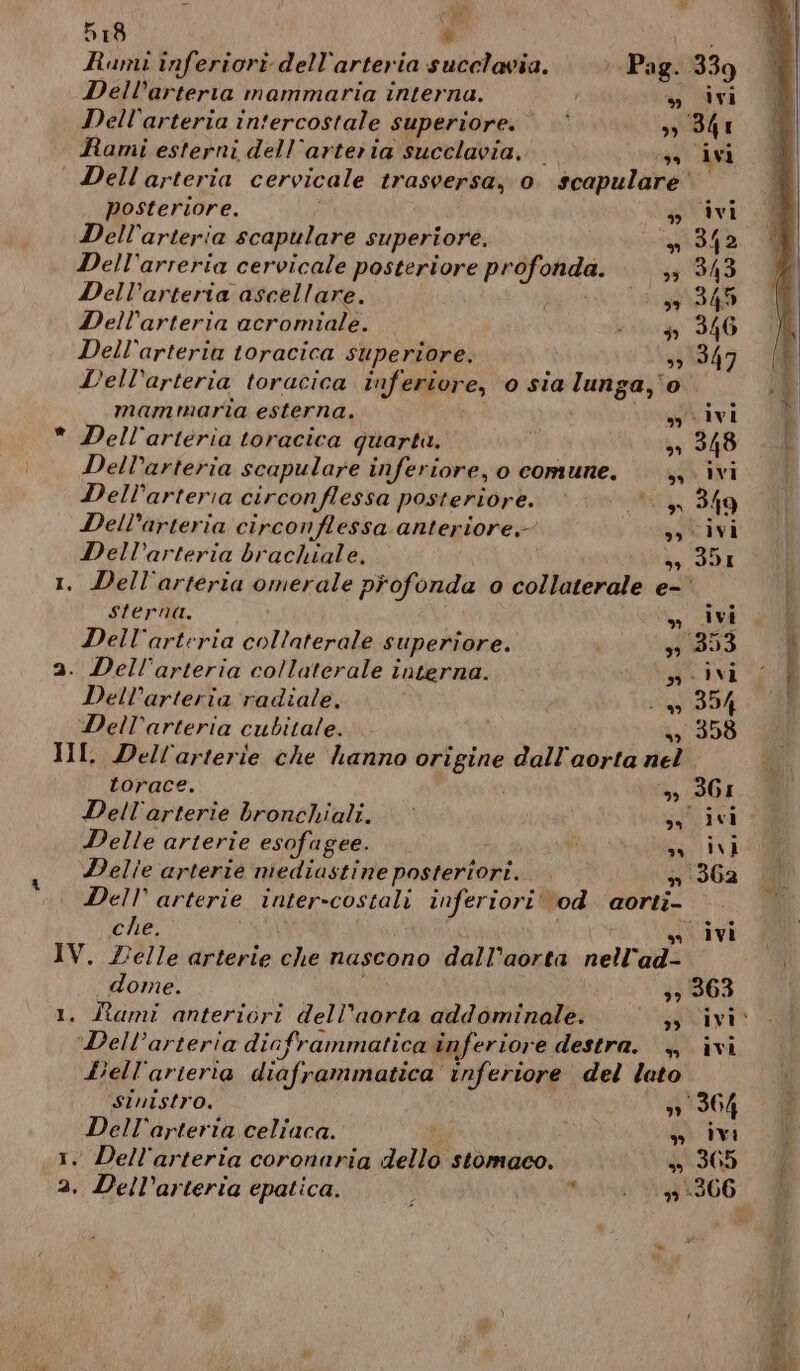 Rumi inferiori dell'arteria succlavia. ‘Pag. 339 Dell’arterta mammaria interna. » ivi Dell’arteria intercostale superiore. » 341 Rami esterni dell'arteria succlavia, cga' Ara Dellarteria cervicale trasversa, o. scapulare' posteriore. s ivi Dell'arteria scapulare superiore. 342 Dell'arreria cervicale posteriore profonda. }31943 Dell’arteria ascellare. ARIA Dell’arteria acromiale. ‘0059 346 Dell'arteria toracica superiore. 33347 Lell’arteria toracica inferiore, 0 sia lunga,'o mammaria esterna. so ivi * Dell'arteria toracica quarta. ‘0003, 348 Dell’arteria scapulare inferiore, o comune. . ,. ivi Dell’arteria circonflessa posteriore. tu, 349 Dell’arteria circonflessa anteriore. st ivi Dell’arteria brachiale, 3, 351 È 1. Dell'arteria omerale profonda 0 collaterale e- A sferna. » Ivi ù Dell'arteria collaterale superiore. ue Vadiid o f 2. Dell’arteria collaterale interna. grivi 0 Dell’arteria radiale. ag 354 Dell’arteria cubitale. 4,358 LI III Dell'arterie che hanno origine dall'aorta nel dui torace. ‘3, 361 Dell'arterie bronchiali. gu ini « Delle arterie esofagee. È GT IVA Delle arterie mediastine posteriori. ni36a dl Dell’ arterie inter-costali inferiori‘ od aorti- I che. TESO » ivi IV. elle arterie che nascono dall’aorta nell'ad- dome. 3, 363 1, Rami anteriori dell’aorta addominale. sgltiyvi* ‘Dell’arteria dicframmatica ‘inferiore destra. +, ivi Liell'arieria diaframmatica' inferiore del lato sinistro. ‘\30°364 Dell'arteria celiaca. t | di ri 1. Dell'arteria coronaria dello stomaco. so 365. 2. Dell’arteria epatica. ‘ a Ata A E66 ) Mile mi