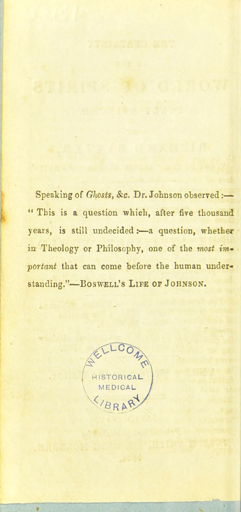 Speaking of Ghosts, &c. Dr. Johnson observed:— “ This is a question which, after five thousand years, is still undecided :—a question, whether in Theology or Philosophy, one of the most im- portant that can come before the human under- standing.”—Boswell’s Life of Johnson.