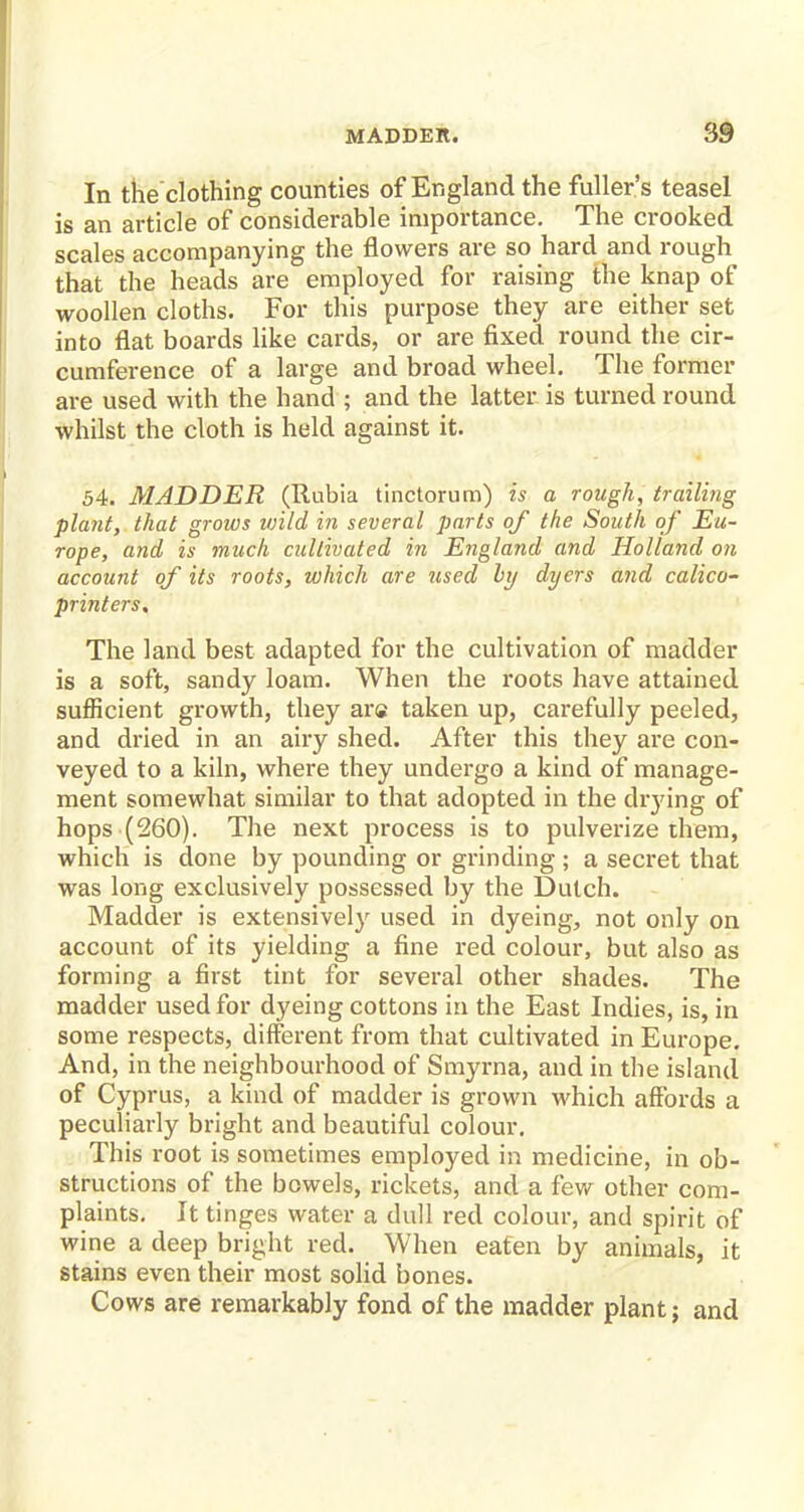 In the clothing counties of England the fuller's teasel is an article of considerable importance. The crooked scales accompanying the flowers are so hard and rough that the heads are employed for raising the knap of woollen cloths. For this purpose they are either set into flat boards like cards, or are fixed round the cir- cumference of a large and broad wheel. The former are used with the hand ; and the latter is turned round whilst the cloth is held against it. 54. MADDER (Rubia tinctorum) is a rough, trailing plant, that grows wild in several parts of the South of Eu- rope, and is much cultivated in England and Holland on account of its roots, which are used by dyers and calico- printers. The land best adapted for the cultivation of madder is a soft, sandy loam. When the roots have attained sufficient growth, they are taken up, carefully peeled, and dried in an airy shed. After this they are con- veyed to a kiln, where they undergo a kind of manage- ment somewhat similar to that adopted in the drying of hops (260). The next process is to pulverize them, which is done by pounding or grinding ; a secret that was long exclusively possessed by the Dutch. Madder is extensively used in dyeing, not only on account of its yielding a fine red colour, but also as forming a first tint for several other shades. The madder used for dyeing cottons in the East Indies, is, in some respects, different from that cultivated in Europe. And, in the neighbourhood of Smyrna, and in the island of Cyprus, a kind of madder is grown which affords a peculiarly bright and beautiful colour. This root is sometimes employed in medicine, in ob- structions of the bowels, rickets, and a few other com- plaints. It tinges water a dull red colour, and spirit of wine a deep bright red. When eaten by animals, it stains even their most solid bones. Cows are remarkably fond of the madder plant; and