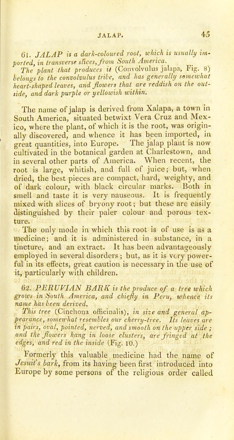61. JALAP is a dark-coloured root, which is usually im- ported, in transverse slices, from South America. The plant that produces it (Convolvulus jalapa, Fig. 8) belongs to the convolvulus tribe, and has generally somewhat heart-shaped leaves, and flowers that are reddish on the out- side, and dark purple or yellowish within. The name of jalap is derived from Xalapa, a town in South America, situated betwixt Vera Cruz and Mex- ico, where the plant, of which it is the root, was origin- ally discovered, and whence it has been imported, in great quantities, into Europe. The jalap plant is now cultivated in the botanical garden at Charlestown, and in several other parts of America. When recent, the root is large, whitish, and full of juice; but, when dried, the best pieces are compact, hard, weighty, and of dark colour, with black circular marks. Both in smell and taste it is very nauseous. It is frequently mixed with slices of bryony root; but these are easily distinguished by their paler colour and porous tex- ture. The only mode in which this root is of use is as a medicine; and it is administered in substance, in a tincture, and an extract. It has been advantageously employed in several disorders ; but, as it is very power- ful in its effects, great caution is necessary in the use of it, particularly with children. 62. PERUVIAN BARK is the produce of a tree which grows in South America, and chiefly in Peru, whence its name has been derived. This tree (Cinchona officinalis), in size and general ap- pearance, somewhat resembles our cherry-tree. Its leaves are in pairs, oval, pointed, nerved, and smooth on the upper side ; and the flowers hang in loose clusters, are fringed at the edges, and red in the inside (Fig. 10.) Formerly this valuable medicine had the name of Jesuit's bark, from its having been first introduced into Europe by some persons of the religious order called