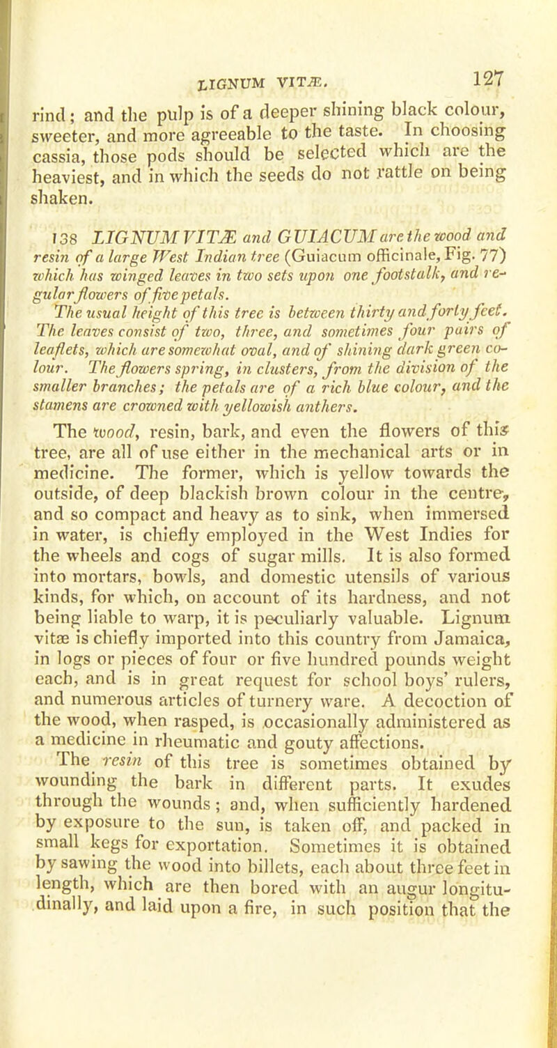 rind; and the pulp is of a deeper shining black colour, sweeter, and more agreeable to the taste. In choosing cassia, those pods should be selected which are the heaviest, and in which the seeds do not rattle on being shaken. 138 LIGNUM VIT2E and GUIACUMare the wood and resin of a large West Indian tree (Guiacum officinale, Fig. 77) which has winged leaves in two sets upon one footstalk, and re- gular flowers of five petals. The usual height of this tree is between thirty and forty feet. The leaves consist qf tzoo, three, and sometimes four pairs of leaflets, which are somezohat oval, and of shining dark green co- lour. The flowers spring, in clusters, from the division of the smaller branches; the petals are qf a rich blue colour, and the stamens are crowned with yellowish anthers. The tvood, resin, bark, and even the flowers of this tree, are all of use either in the mechanical arts or in medicine. The former, which is yellow towards the outside, of deep blackish brown colour in the centre, and so compact and heavy as to sink, when immersed in water, is chiefly employed in the West Indies for the wheels and cogs of sugar mills. It is also formed into mortars, bowls, and domestic utensils of various kinds, for which, on account of its hardness, and not being liable to warp, it is peculiarly valuable. Lignum vitse is chiefly imported into this country from Jamaica, in logs or pieces of four or five hundred pounds weight each, and is in great request for school boys' rulers, and numerous articles of turnery ware. A decoction of the wood, when rasped, is occasionally administered as a medicine in rheumatic and gouty affections. The resin of this tree is sometimes obtained by wounding the bark in different parts. It exudes through the wounds; and, when sufficiently hardened by exposure to the sun, is taken off, and packed in small kegs for exportation. Sometimes it is obtained by sawing the wood into billets, each about three feet in length, which are then bored with an augur longitu- dinally, and laid upon a fire, in such position that the