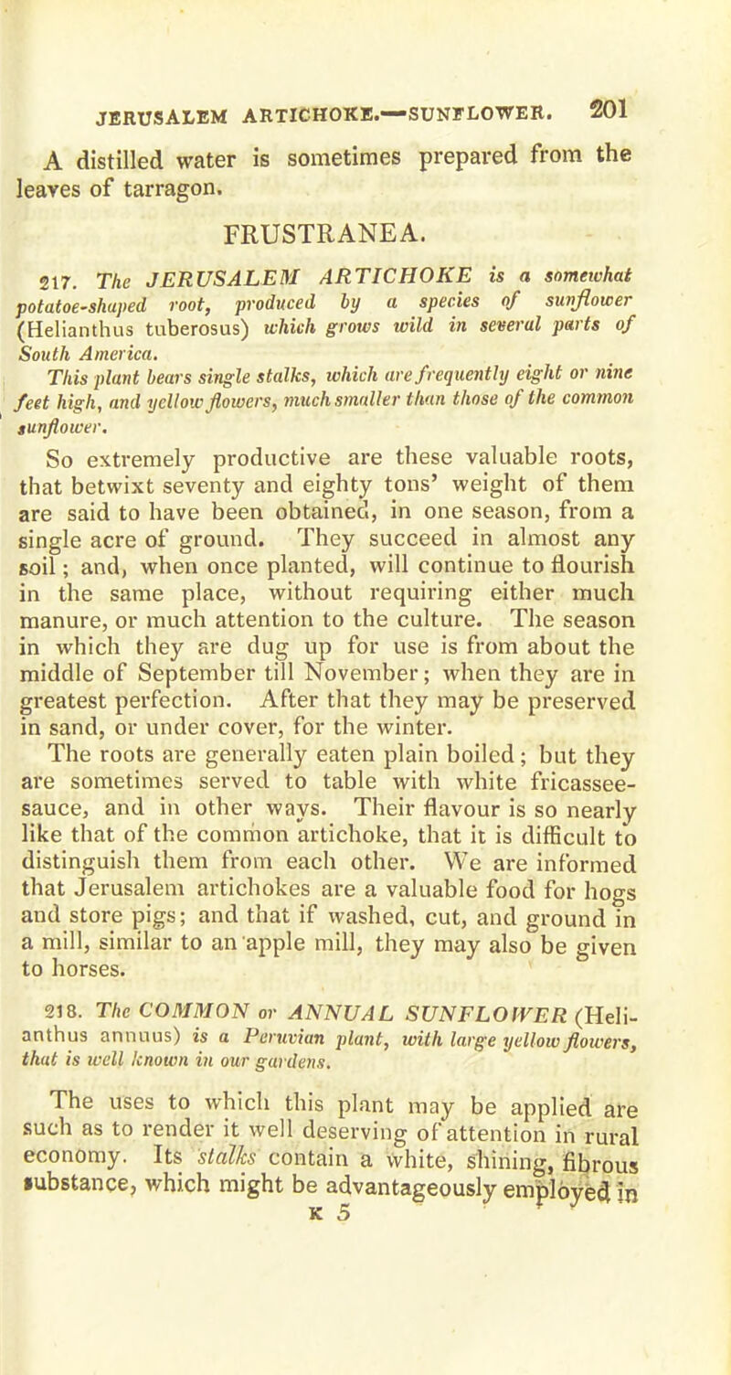 A distilled water is sometimes prepared from the leaves of tarragon. FRUSTRANEA. 217. The JERUSALEM ARTICHOKE is a somewhat potatoe-shuped root, produced by a species of sunflower (Helianthus tuberosus) which grows wild in several parts of South America. This plant bears single stalks, which are frequently eight or nine feet high, and yellow flowers, much smaller than those of the common sunflower. So extremely productive are these valuable roots, that betwixt seventy and eighty tons' weight of them are said to have been obtained, in one season, from a single acre of ground. They succeed in almost any soil; and, when once planted, will continue to flourish in the same place, without requiring either much manure, or much attention to the culture. The season in which they are dug up for use is from about the middle of September till November; when they are in greatest perfection. After that they may be preserved in sand, or under cover, for the winter. The roots are generally eaten plain boiled; but they are sometimes served to table with white fricassee- sauce, and in other ways. Their flavour is so nearly like that of the common artichoke, that it is difficult to distinguish them from each other. We are informed that Jerusalem artichokes are a valuable food for hogs and store pigs; and that if washed, cut, and ground in a mill, similar to an apple mill, they may also be given to horses. 218. The COMMON or ANNUAL SUNFLOfVER (Heli- anthus annuus) is a Peruvian plant, with large yellow flowers, that is well known in our gardens. The uses to which this plant may be applied are such as to render it well deserving of attention in rural economy. Its stalks contain a white, shining, fibrous •ubstance, which might be advantageously employed in K 5