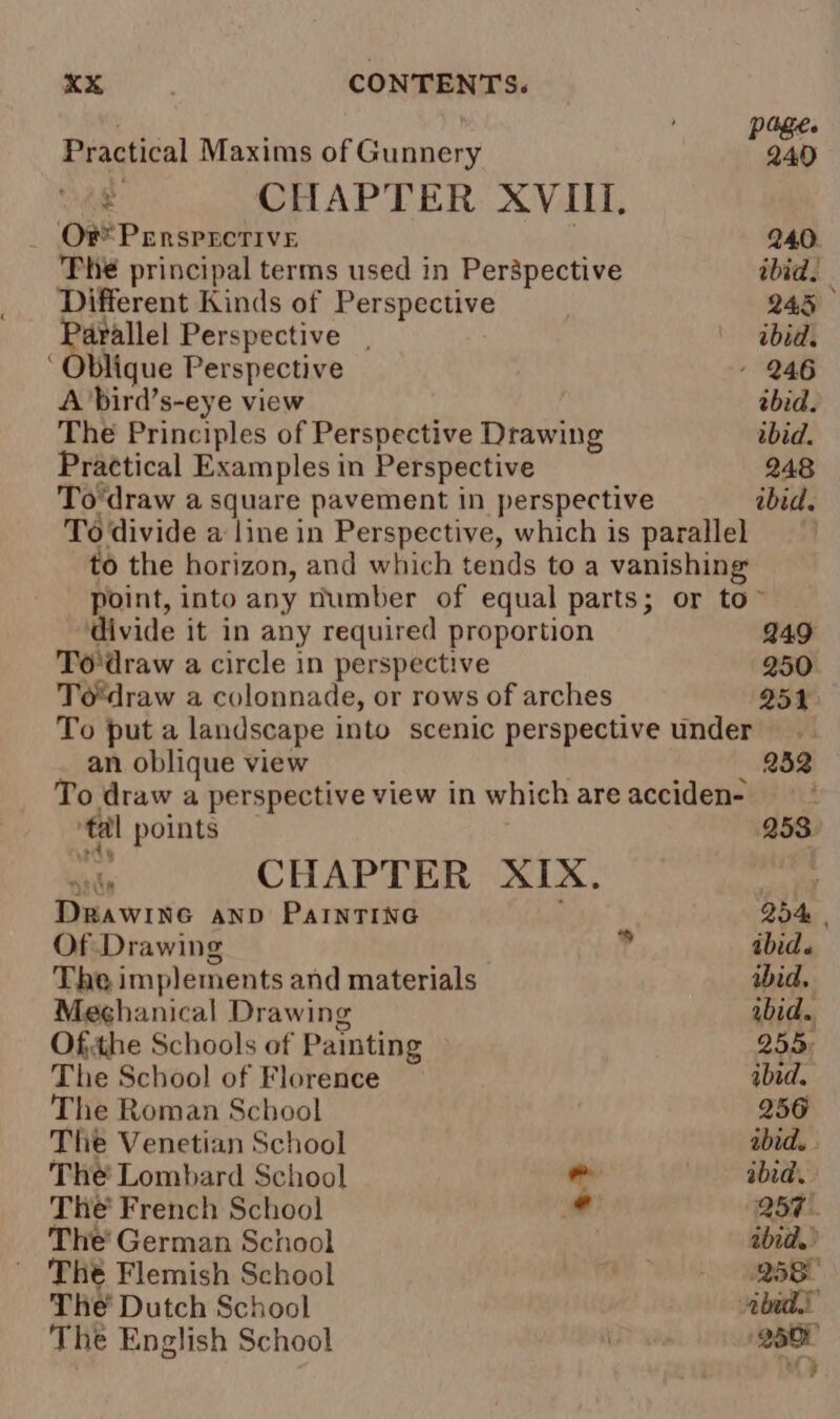 Practical Maxims of Gunnery ee ¢ CHAPTER XVIII. Or PensPrcTive | 240. The principal terms used in Perspective ibid. Different Kinds of Perspective __ 245 Parallel Perspective . ' abid. ‘ Oblique Perspective - 246 A bird’s-eye view ibid. The Principles of Perspective Drawing abid. Practical Examples in Perspective 248 To'draw a square pavement in perspective ibid. To divide a line in Perspective, which is parallel to the horizon, and which tends to a vanishing point, into any dumber of equal parts; or to~ divide it in any required proportion 249 To‘draw a circle in perspective 250 To'draw a colonnade, or rows of arches 251 To put a landscape into scenic perspective under _ an oblique view _ 252 To draw a perspective view in which are acciden- ‘tal points — 253. CHAPTER XIX. DpawIncGc AND PaInTING  Qa Of Drawing ” ibid. The implements and materials bid. Meghanical Drawing abid.. Ofthe Schools of Painting 255: The School of Florence abid. The Roman School 256 The Venetian School abid. . The Lombard School eo Le gba The French School * 257) The’ German School ibid. The Flemish School en 2a The Dutch School dS The English School | 2500