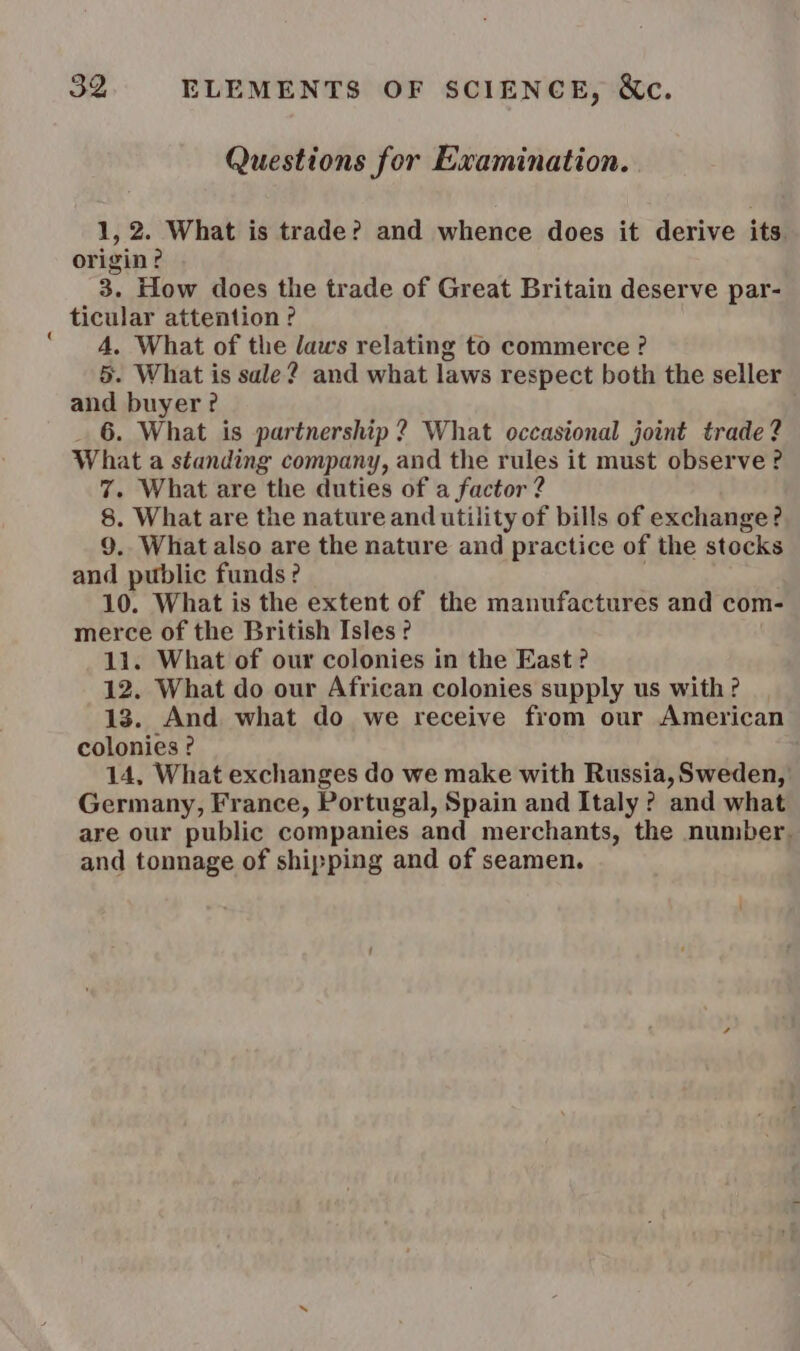 Questions for Examination. 1, 2. What is trade? and whence does it derive its. origin? 3. How does the trade of Great Britain deserve par- ticular attention ? 4, What of the laws relating to commerce ? 5. What is sale? and what laws respect both the seller and buyer ? _ 6. What is partnership? What occasional joint trade? What a standing company, and the rules it must observe ? 7. What are the duties of a factor 2 8. What are the nature and utility of bills of exchange? 9.. What also are the nature and practice of the stocks and public funds? . 10. What is the extent of the manufactures and com- merce of the British Isles ? 11. What of our colonies in the East ? 12. What do our African colonies supply us with? 13. And what do we receive from our American colonies ? 14, What exchanges do we make with Russia, Sweden, Germany, France, Portugal, Spain and Italy ? and what are our public companies and merchants, the number. and tonnage of shipping and of seamen.