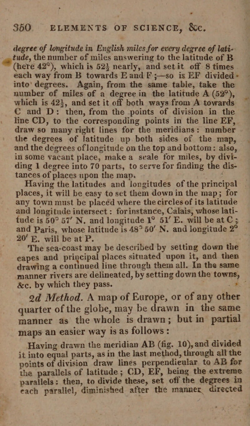 degree of longitude in English miles for every degree of lati- inde, the number of miles answering to the latitude of B (here 42°), which is 523 nearly, and setit off 8 times each way from B towards Eand F ;—so is EF divided + into’ degrees. Again, from the same table, take the number of miles of a degree in the latitude A (52°), which is 42}, and set it off both ways from A towards C and D: then, from the -points of division in the line CD, to the corresponding points in the line EF, draw so many right lines for the meridians: number the degrees of latitude up both sides of the map, and the degrees of longitude on the top and bottom: also, in some vacant place, make a seale for miles, by divi- ding 1 degree into 70 parts, to serve for finding the dis- tances of places upon the map. : Having the latitudes and longitudes of the principal places, it will be easy to set them down in the map; for any town must be placéd where the circles of its latitude and longitude intersect : forinstance, Calais, whose lati- tude is 50° 57’ N. and longitude 1° 51’ E. will be atC; and Paris, whose latitude is 48° 50’ N. and longitude 2° 20' E. will be at P. | The sea-coast may be described by setting down the eapes and principal places situated upon it, and then drawing a continued line through them all. In the same manner rivers are delineated, by setting down the towns, &amp;c. by which they pass. — . 2d Method. A map of Europe, or of any oth quarter of the globe, may be drawn in the same manner as the whole is drawn; but in partial maps an easier way is as follows: ) Having drawn the meridian AB (fig. 10), and divided it into equal parts, as in the last method, through all the points of division draw lines perpendieular to AB for the parallels of latitude; CD, EF, being the extreme. parallels: then, to divide these, set off the degrees in each parallel, diminished after the manner directed aa ae