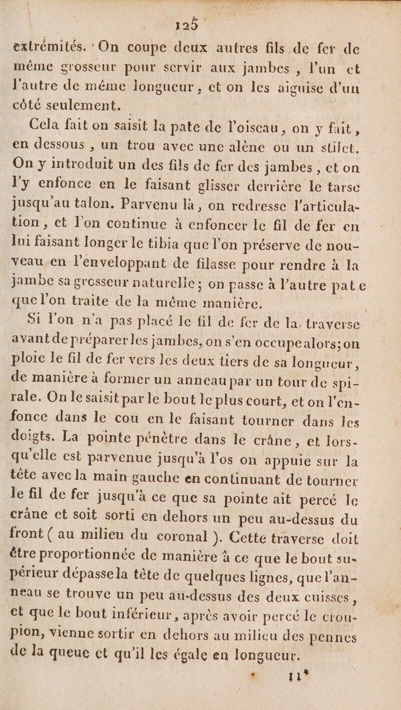 extrémités. On coupe deux autres fils de fer de même grosseur pour servir aux jambes , l'un ct l'autre de même longueur, et on les aiguise d’un côté seulement. Cela fait on saisit la pate de l'oiseau, on y fait, en dessous , un trou avec une alène ou un stilet. On y introduit un des fils de fer des jambes , ct on l'y enfonce en le faisant glisser derrière le tarse jusqu'au talon. Parvenu là, on redresse l’articula- tion , et l’on continue à enfoncer le fil de fer en Jui faisant longcr le tibia que l’on préserve de nou- veau.en lenveloppant de filasse pour rendre à la jambe sa grosseur paturelic; on passe à l’autre pate que l’on traite de la même manière. Si l'on n'a pas placé le fil de fer de la, traverse avant de préparerles jambes, on s’en occupe alors;on ploie le fil de fer vers les deux tiers de sa longueur, de manière à former un anneau par un tour de spi- rale. On le saisit par le bout le plus court, et on l’en- fonce dans le cou en le faisant tourner dans les doïgts. La pointe pénètre dans le crâne , et lors- qu'elle est parvenue jusqu'à l’os on appuie sur la tête avec la main gauche en continuant de tourner le fil de fer jusqu'à ce que sa pointe ait percé le crâne et soit sorti en dehors un peu au-dessus du front ( au milieu du coronal ). Cette traverse doit être proportionnée de manière à ce que le bout su- périeur dépassela tête de quelques lignes, que l’an- neau se trouve un peu au-dessus des deux cuisses, et que le bout inférieur, après avoir percé le crou- pion, vienne sortir en dehors au milicu des pennes de la queue ct qu’il les égale en longueur. RL