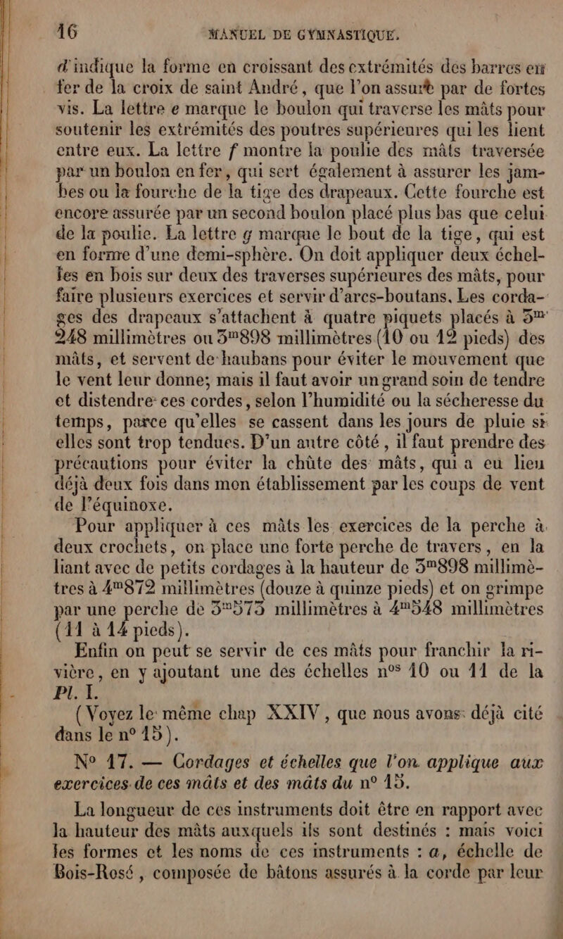 d'indique la forme en croissant des extrémités des barres ext fer de la croix de saint André, que l’on assurt par de fortes vis. La lettre e marque le boulon qui traverse les mâts pour soutenir les extrémités des poutres supérieures qui les lient entre eux. La lettre f montre la poulie des mâts traversée par un boulon en fer, qui sert également à assurer les jam- bes ou la fourche de la tige des drapeaux. Cette fourche est encore assurée par un second boulon placé plus bas que celui de la poulie. Ea lettre g marque le bout de la tige, qui est en forme d’une demi-sphère. On doit appliquer deux échel- fes en bois sur deux des traverses supérieures des mâts, pour faire plusieurs exercices et servir d’arcs-boutans, Les corda- ges des drapeaux s’attachent à quatre piquets placés à 3% 248 millimètres ou 3898 millimètres (10 ou 12 pieds) des mâts, et servent de haubans pour éviter le mouvement que le vent leur donne; mais il faut avoir un grand soin de tendre et distendre: ces cordes, selon l’humidité ou la sécheresse du temps, parce qu'elles se cassent dans les jours de pluie sx elles sont trop tendues. D’un antre côté , il faut prendre des précautions pour éviter la chûte des mâts, qui a eu lieu déjà deux fois dans mon établissement par les coups de vent de l’équinoxe. Pour appliquer à ces mâts les exercices de la perche à deux crochets, on place une forte perche de travers, en la liant avec de petits cordages à la hauteur de 3898 millimè- tres à 40872 millimètres (douze à quinze pieds) et on grimpe par une perche de 3573 millimètres à 42548 millimètres (11 à 14 picds). Enfin on peut se servir de ces mâts pour franchir la r- vière, en y ajoutant une des échelles n° 10 ou 11 de la PI L Voyez le même chap XXIV , que nous avons: déjà cité dans le n° 15). N° 17. — Cordages et échelles que l’on applique aux exercices-de ces mâts et des mâts du n° 15. La longueur de ces instruments doit être en rapport avec la hauteur des mâts auxquels ils sont destinés : mais voici les formes ct les noms de ces instruments : a, échelle de Bois-Rosé , composée de bâtons assurés à la corde par leur