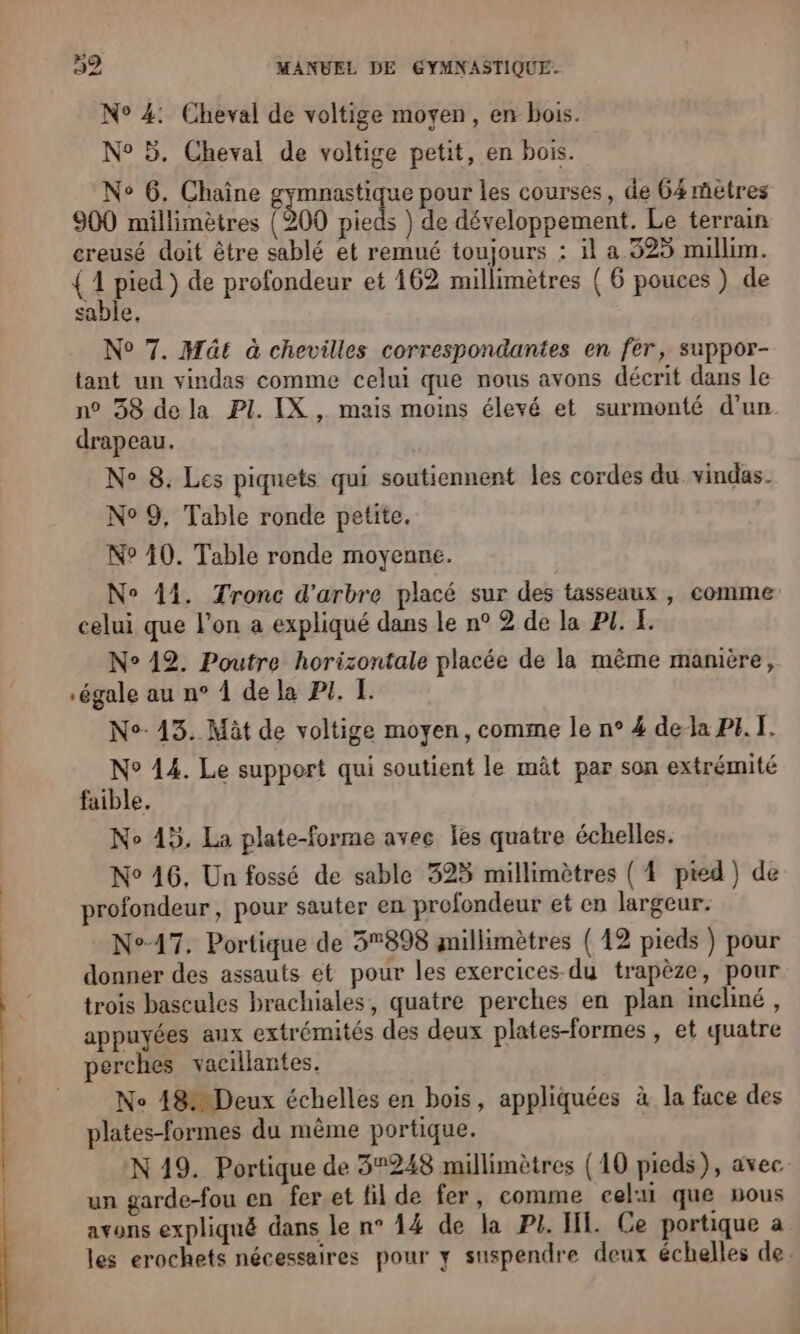 N° 4: Cheval de voltige moyen, en bois. N° 5. Cheval de voltige petit, en bois. No 6. Chaine Rene pour les courses, de 64 mètres 900 millimètres (200 pieds } de développement. Le terrain creusé doit être sablé et remué toujours : il a 325 millim. { 1 pied ) de profondeur et 162 millimètres ( 6 pouces ) de sable. N° 7. Mât à chevilles correspondantes en fer, suppor- tant un vindas comme celui que nous avons décrit dans le n° 58 dela PI. IX , mais moins élevé et surmonté d’un drapeau. N° 8, Les piquets qui soutiennent les cordes du vindas. N° 9, Table ronde petite. N° 40. Table ronde moyenne. No A4. Tronc d'arbre placé sur des tasseaux , comme celui que l'on a expliqué dans le n° 2 de la PI. £. N° 12. Poutre horizontale placée de la même manière, égale au n° À dela PI. I. N°- 13. Mat de voltige moyen, comme le n° 4 dela PE. I. N° 44. Le support qui soutient le mât par son extrémité faible. No 15. La plate-forme avec Îes quatre échelles. N° 16, Un fossé de sable 328 millimètres ( 4 pied) de profondeur, pour sauter en profondeur et en largeur. N°17, Portique de 3898 millimètres (12 pieds ) pour donner des assauts et pour les exercices du trapèze, pour trois bascules brachiales, quatre perches en plan incliné, appuyées aux extrémités des deux plates-formes , et quatre perches vacillantes. Ne 48: Deux échelles en bois, appliquées à la face des plates-formes du même portique. N 19. Portique de 3*248 millimètres (10 pieds), avec un garde-fou en fer et fil de fer, comme cela que nous avons expliqué dans le n° 14 de la PI. II. Ce portique à les erochets nécessaires pour y suspendre deux échelles de.