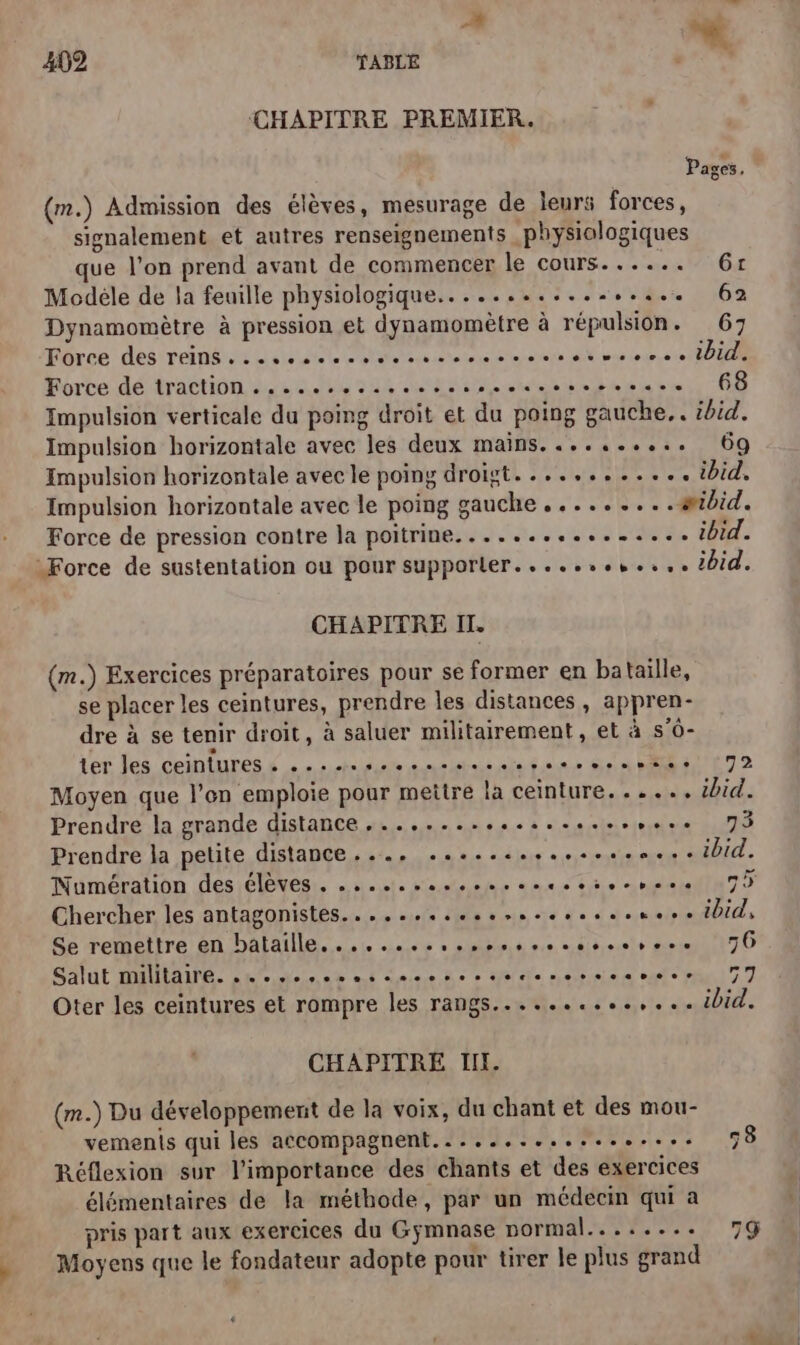 CHAPITRE PREMIER. Pages, (m.) Admission des élèves, mesurage de leurs forces, signalement et autres renseignements physiologiques que l’on prend avant de commencer le cours... PALAUT: Modele de la feuille physiologique................. 62 Dynamomètre à pression et dynamomètre à répulsion. 67 Force des reins. .eoses-s esse se ces et vie oies e UD Force dé traction due 204 9h ces ne as nis 06 Impulsion verticale du poing droit et du poing gauche. ibid. Impulsion horizontale avec les deux mains. ......... 69 Impulsion horizontale avec le poing droigt............ ibid, Impulsion horizontale avec le poing gauche .........aæibid. Force de pression contre la poitrine................ ibid. -Force de sustentation ou pour supporler.....+eve+.. 20id. CHAPITRE IT. (m.) Exercices préparatoires pour se former en bataille, se placer les ceintures, prendre les distances, appren- dre à se tenir droit, à saluer militairement, et à s'0- ter les centres +. he dus uvre notes Si RE C7 2 Moyen que l’en emploie pour meitre la ceinture. ..... ibid. Prendre la grande distance ...,.................. 173 Prendre la petite distance. ... .................. ibid. Numération des élèves. …... sesscmseneseieeveee 179 Chercher les antagonistes. ....................... ibid, Se remettre en bataille... soc s » sombnmio vo. e.81ocote moe 7 6 Salut MANIATE. St'edounab oi amor do e feel meiros de veto ml 7 7 Oter les ceintures et rompre les rangs..........,... ibid. CHAPITRE II. (m.) Du développement de la voix, du chant et des mou- vemenis qui les accompagnent... ................ 98 Réflexion sur l'importance des chants et des exercices élémentaires de la méthode, par un médecin qui a pris part aux exercices du Gymnase normal........ 7ÿ Moyens que le fondateur adopte pour tirer le plus grand