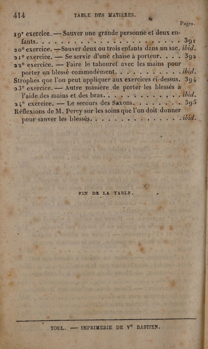 Sr “ù : 7 “ É . A4 TABLE DES ae le + “a Pages. 59° exercice. — Sauver une grande versie et deux en- tes nn he Te ie De Mae LR UE GE 20° exercice. —Sauver deux ou trois enfants dans un sac. ibid. 21° exercice, — Se servir d’une chaise à porteur. . . . 392 22° exercice. — Faire le tabouret avec les mains pour » porter un blessé commodément. . 4. . . : . . . .ibid. Strophes que l'on peut appliquer aux exercices ci-dessus. 394 23° exercice. — Autre manière .de porter les blessés à V'aide.des mains et-des bras. 45 7 # 260000 “ibid. 24° exercice. — Le secours des Saxons. . . . RE. OL 595 Réflexions de M. Percy sur les soins que l’on doit donner pour sauver les blessés: : . . . , . . +, .. . ibid. “hs 1 FIN DE LA TABLE, - TOUL. —— IMPRIMERIL DE v° BASTIEN.