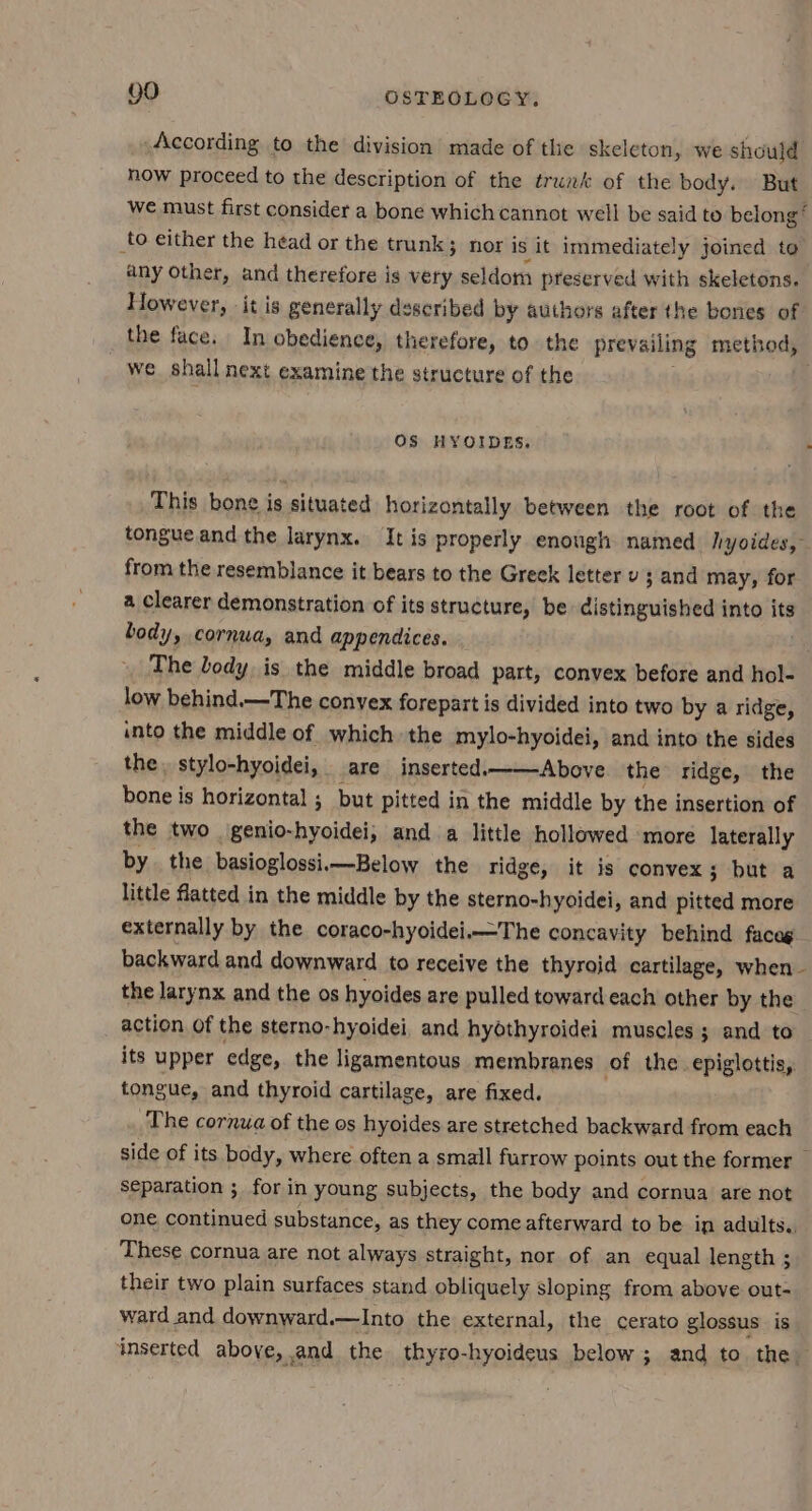 According to the division made of the skeleton, we should now proceed to the description of the trunk of the body. But we must first consider a bone which cannot well be said to belong‘ to either the head or the trunk; nor is it immediately joined to any Other, and therefore is very seldom preserved with skeletons. However, -it is generally described by authors after the bones of the face. In obedience, therefore, to the prevailing method, we shall next examine the structure of the OS HYOIDES, - This bone is situated horizontally between the root of the tongue and the larynx. It is properly enough named /yoides,- from the resemblance it bears to the Greek letter v 3 3 and may, for a clearer demonstration of its structure, be distineaistiea into its body, cornua, and appendices. The Lody, is the middle broad part, convex before and hol- low behind.—The convex forepart is divided into two by a ridge, into the middle of which the mylo-hyoidei, and into the sides the. stylo-hyoidei, are inserted.——Above the ridge, the bone is horizontal ; but pitted in the middle by the insertion of the two genio-hyoidei, and a little hollowed more laterally by. the basioglossi.—Below the ridge, it is convex; but a little flatted in the middle by the sterno-hyoidei, and pitted more externally by the coraco-hyoidei.—The concavity behind facag backward and downward to receive the thyroid cartilage, when the larynx and the os hyoides are pulled toward each other by the action Of the sterno-hyoidei, and hyothyroidei muscles ; and to its upper edge, the ligamentous membranes of the. epiglottis, tongue, and thyroid cartilage, are fixed. The cornua of the os hyoides are stretched backward from each side of its body, where often a small furrow points out the former _ separation ; for in young subjects, the body and cornua are not one continued substance, as they come afterward to be in adults. These cornua are not always straight, nor of an equal length ; their two plain surfaces stand obliquely sloping from above out- ward and downward.—Into the external, the cerato glossus is inserted above, and the thyro-hyoideus below ; and to the
